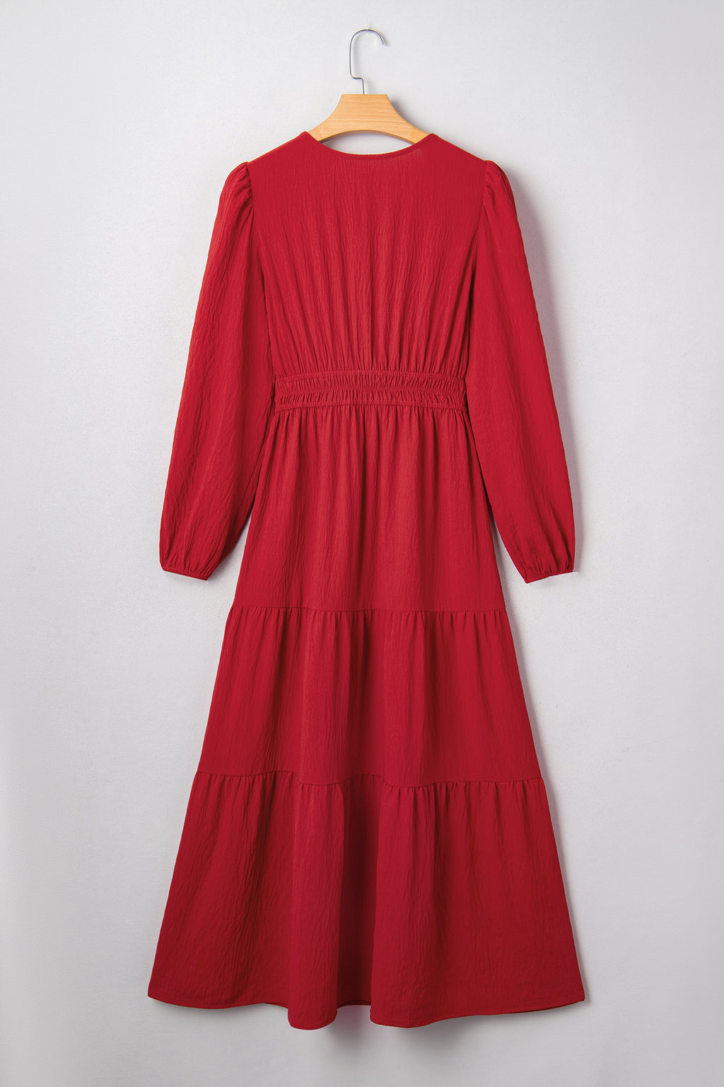 Racing Red Embroidered Cinched Waist Tiered Long Sleeve Maxi Dress S-XL