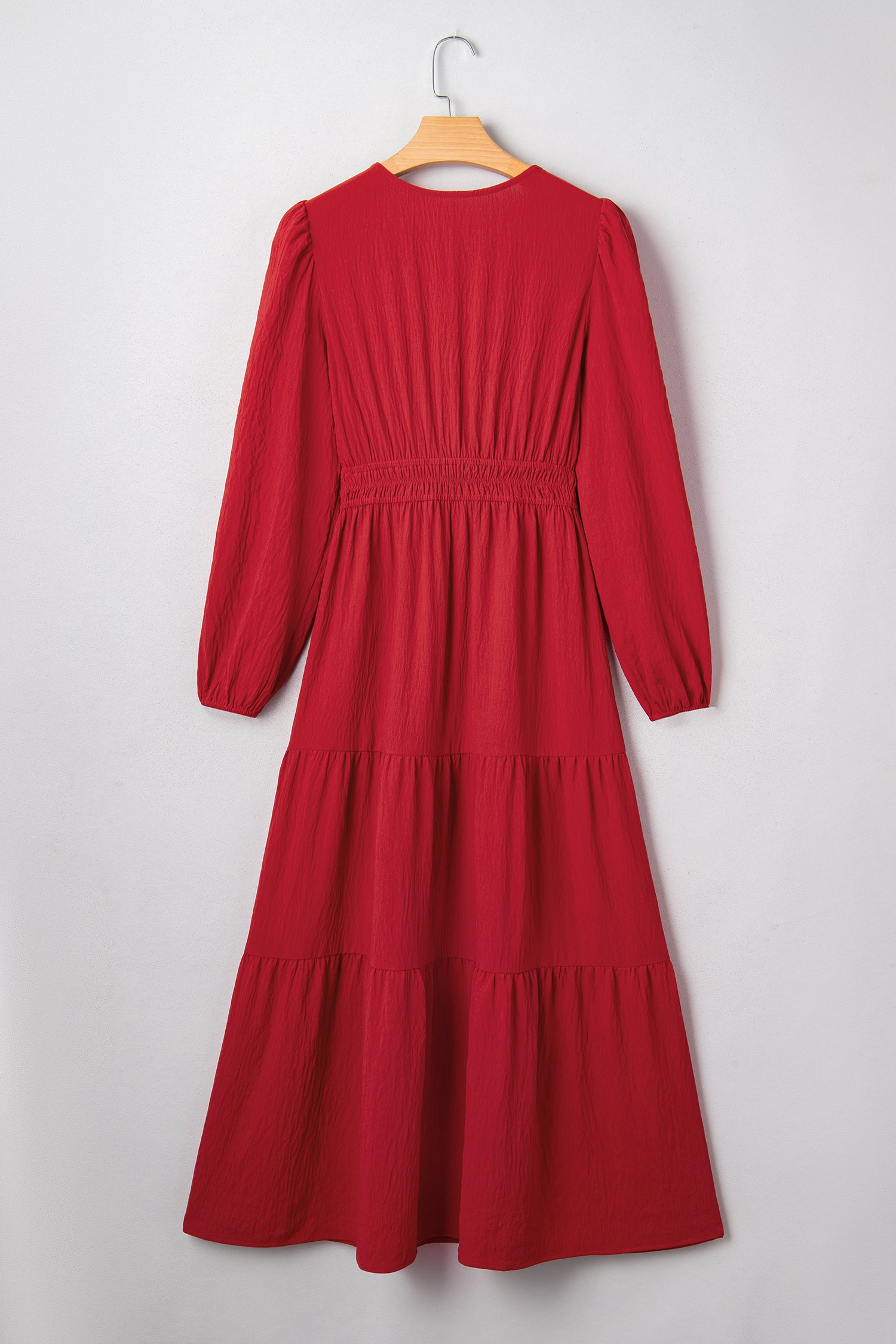 Racing Red Embroidered Cinched Waist Tiered Long Sleeve Maxi Dress S-XL