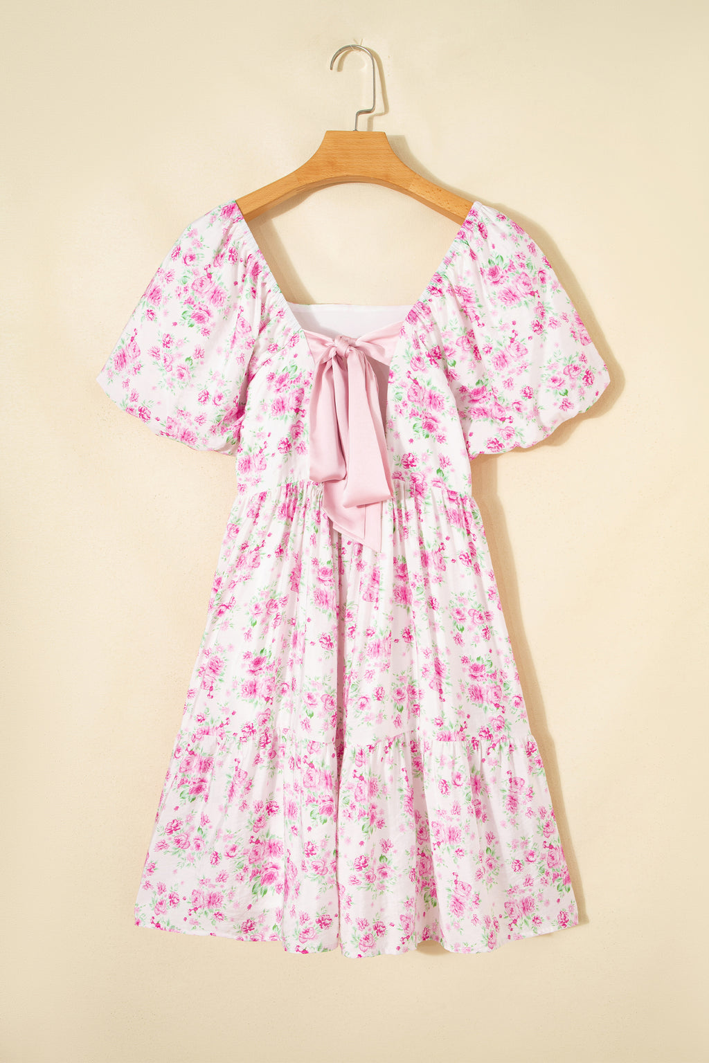 Pink Floral Mini Dress Square Neck Ribbon Knot Back Puff Sleeve Women S-XL