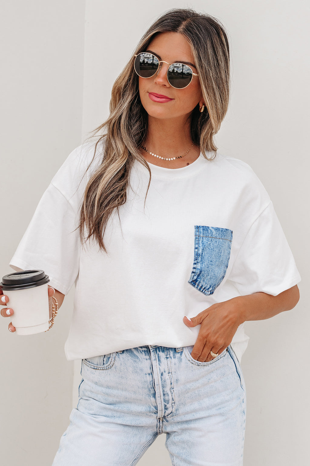 LivelyLooks Sail Blue Colour Block Chest Pocket Casual Short Sleeve Top women's fashion