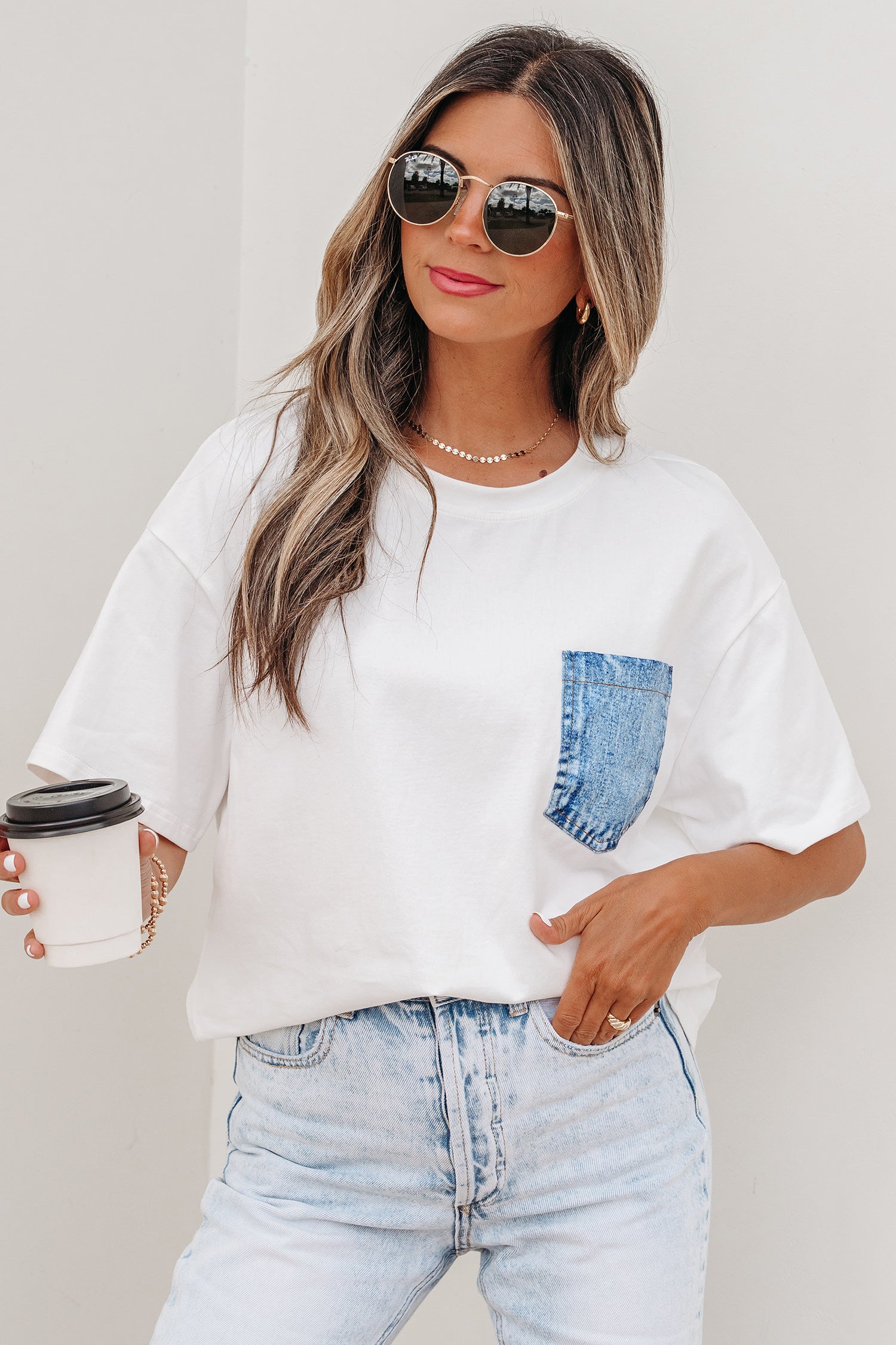 LivelyLooks Sail Blue Colour Block Chest Pocket Casual Short Sleeve Top women's fashion