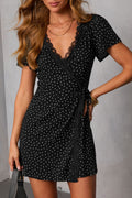 Shop Black Polka Dot Lace Trim Wrap Mini Dress | UK Sizes 8-20 at LivelyLooks