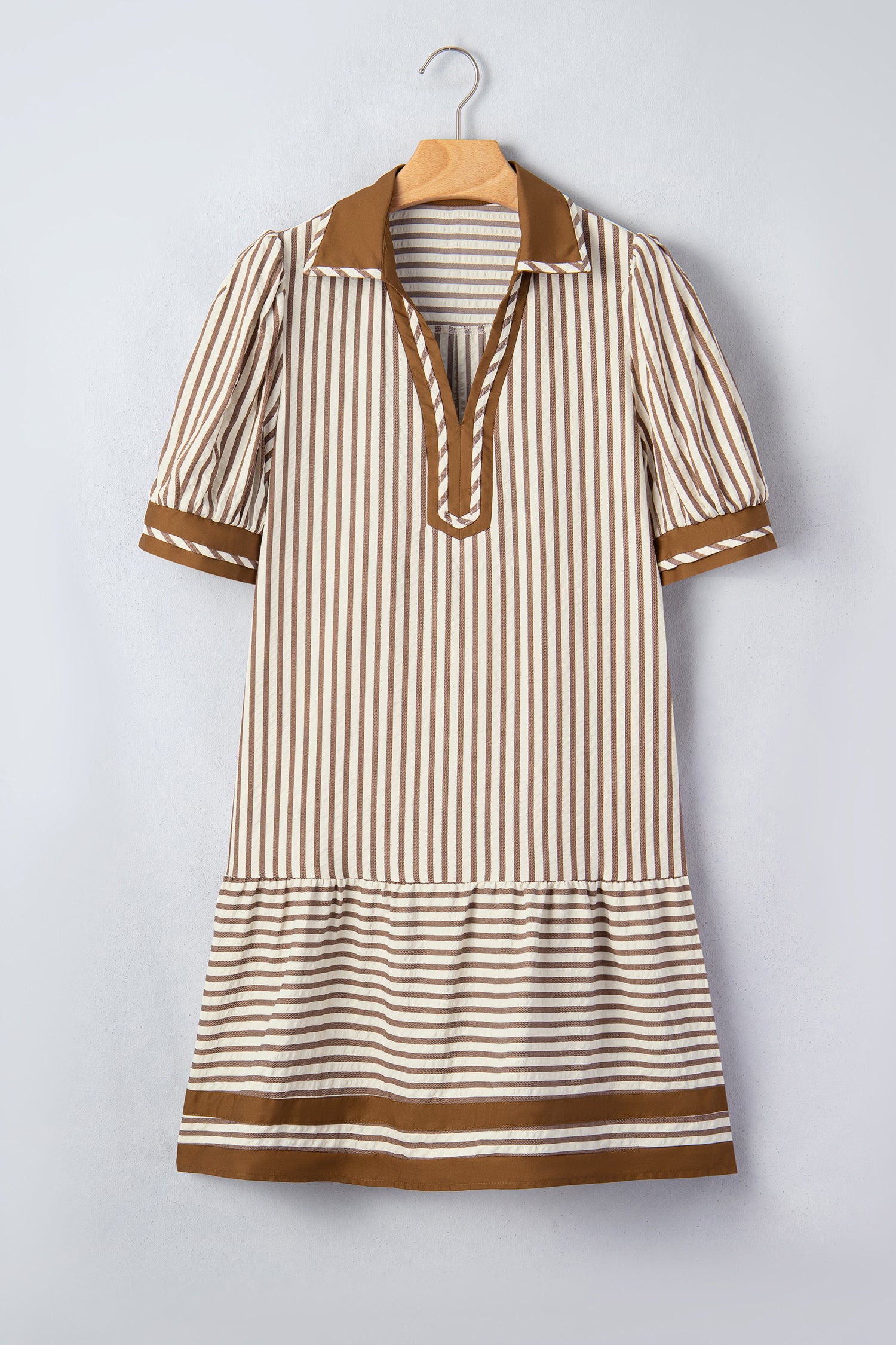 Brown Stripe Colour Block Ruffle Hem Shirt Collar Mini Dress S-XL