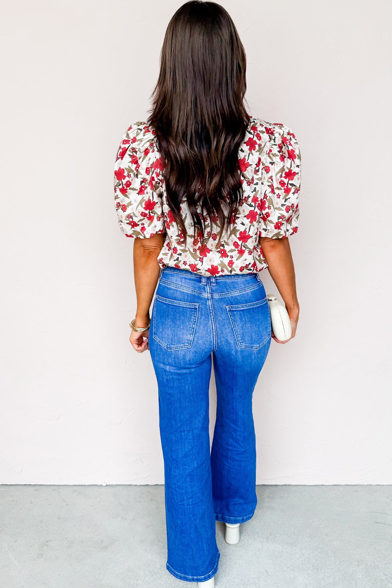 Shop Red Floral Print Short Puff Sleeve Button Front Shirt at LivelyLooks