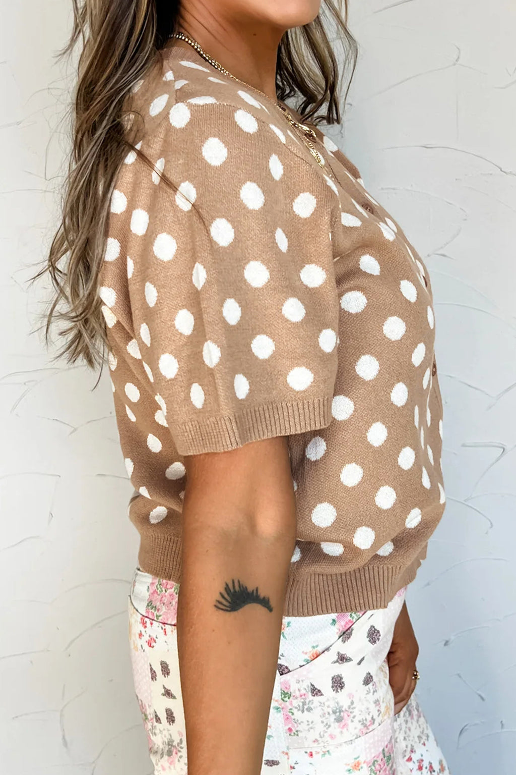 Women's Dark Khaki Polka Dot Short Sleeve Button Down Cardigan at LivelyLooks