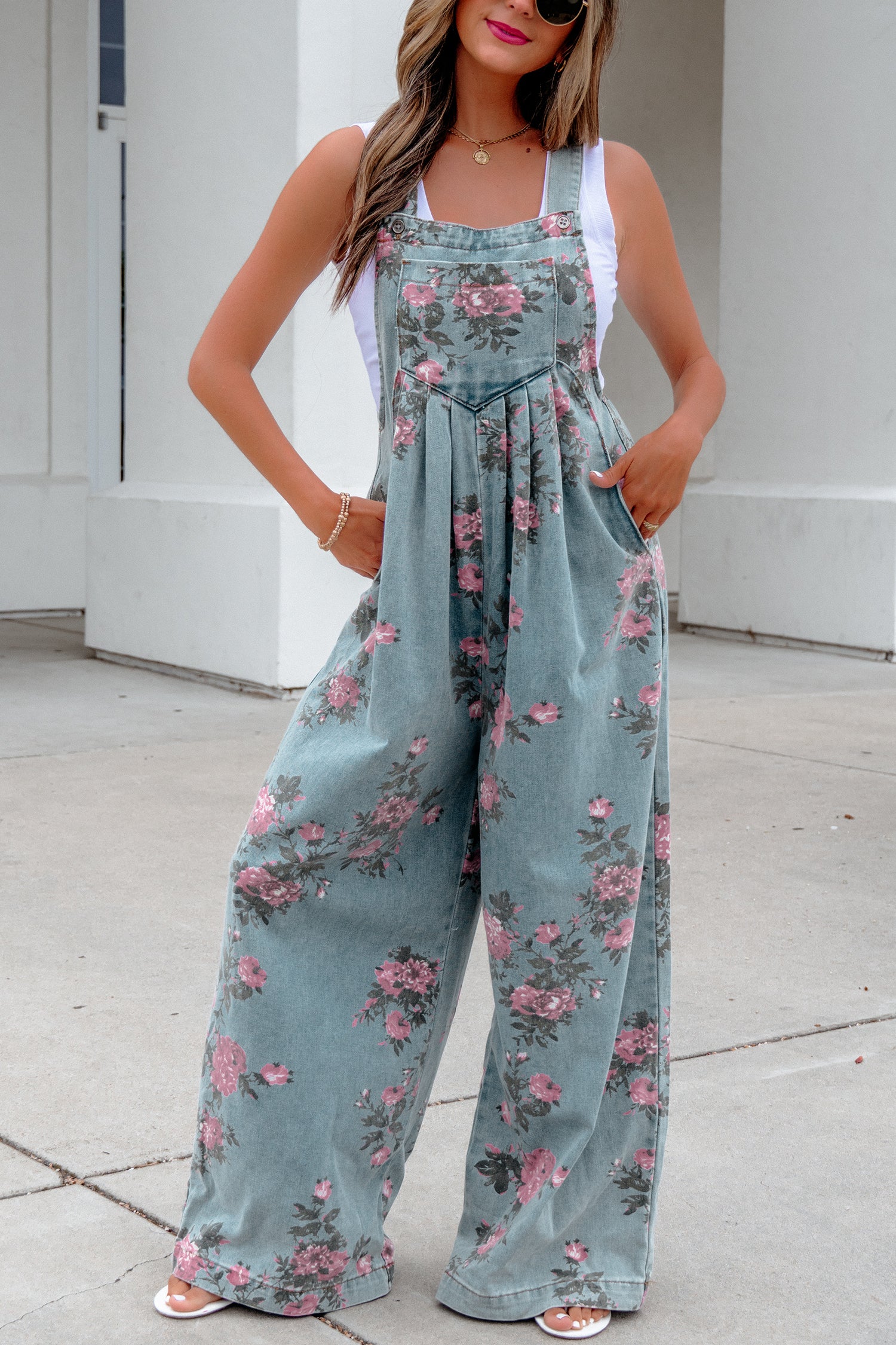 Floral Print Pleated High Waist Wide Leg Denim Jumpsuit | S-XL