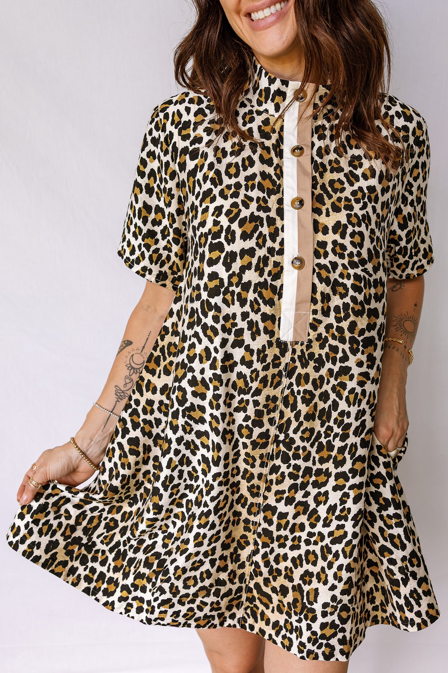 Women's Multicolour Half Buttons Short Sleeve Loose Leopard Mini Dress with Pockets at LivelyLooks