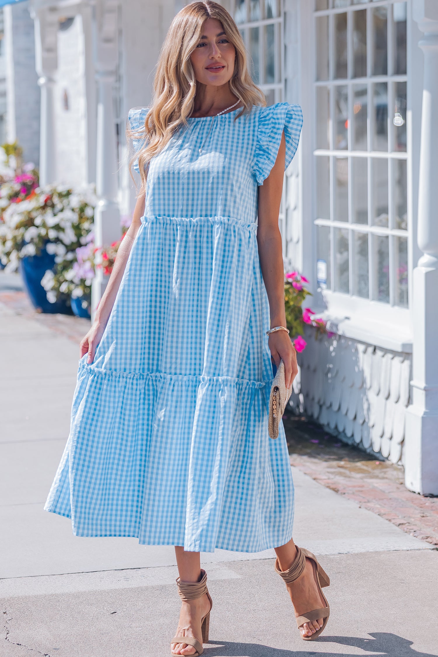 Women's Sky Blue Gingham Knot Back Ruffled Short Sleeve Maxi Dress at LivelyLooks