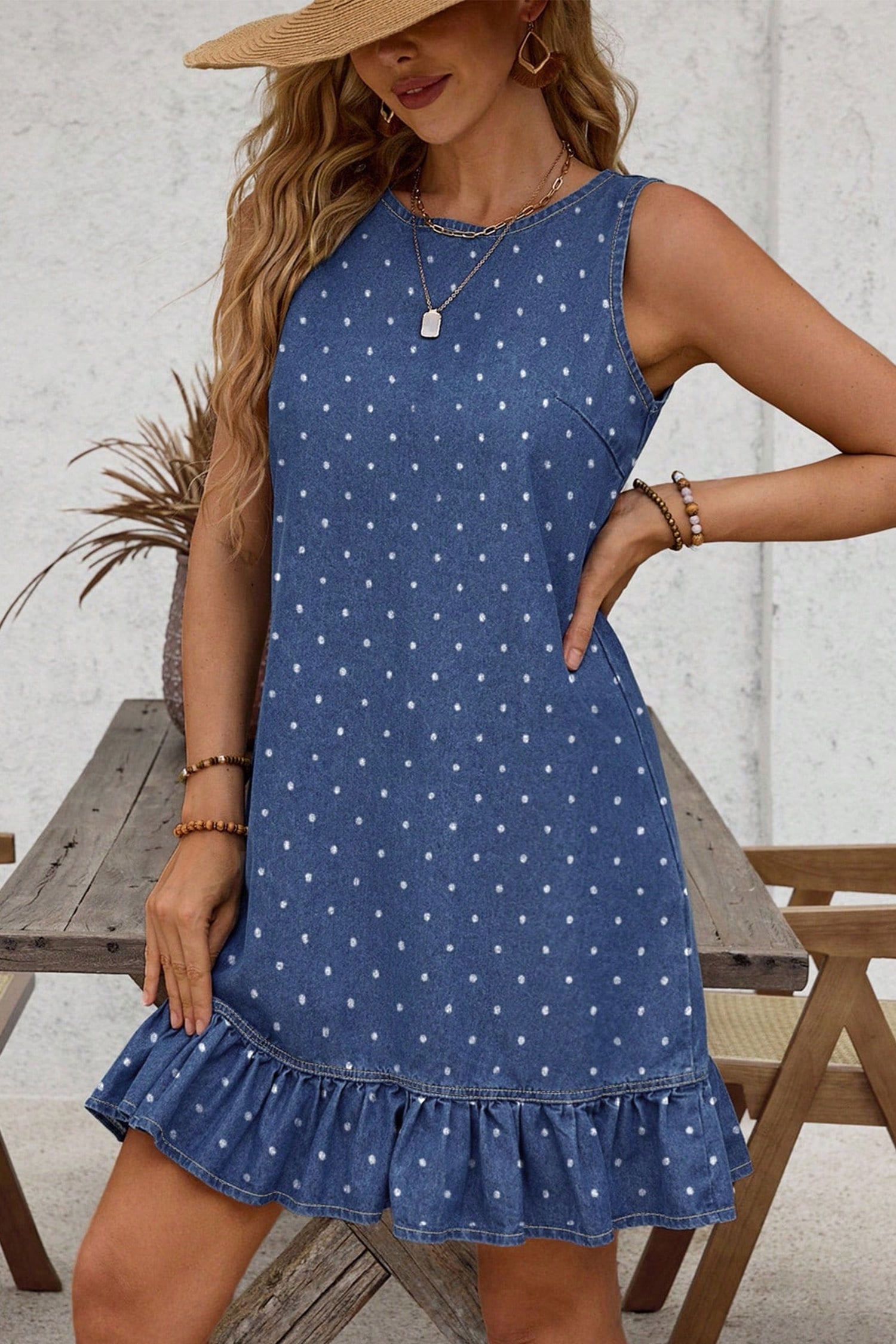 Blue Polka Dot Ruffle Hem Sleeveless Denim Mini Dress S-XL
