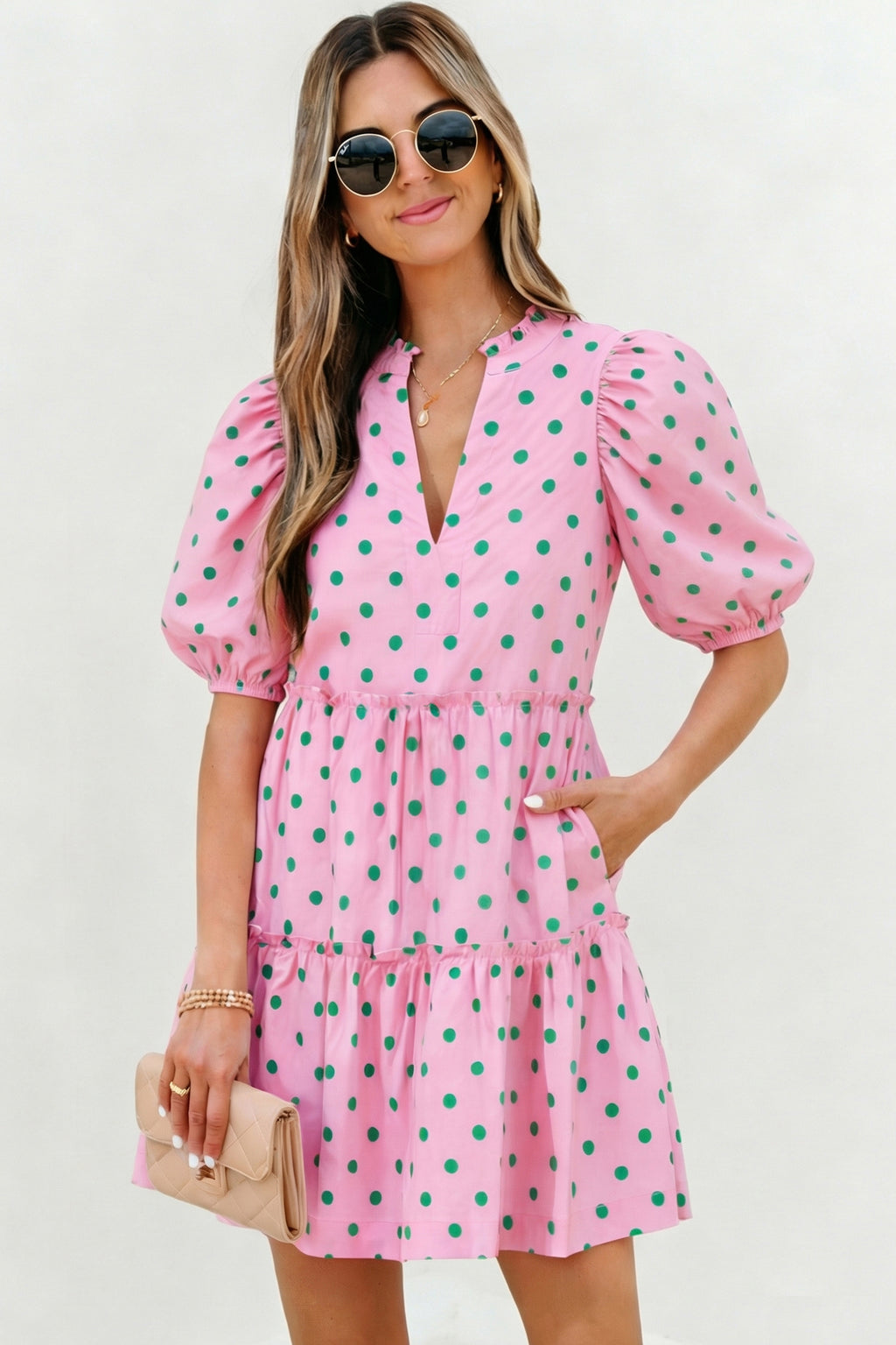 Pink Polka Dot Print V Neck Short Sleeve Tiered Mini Dress | UK 8–22