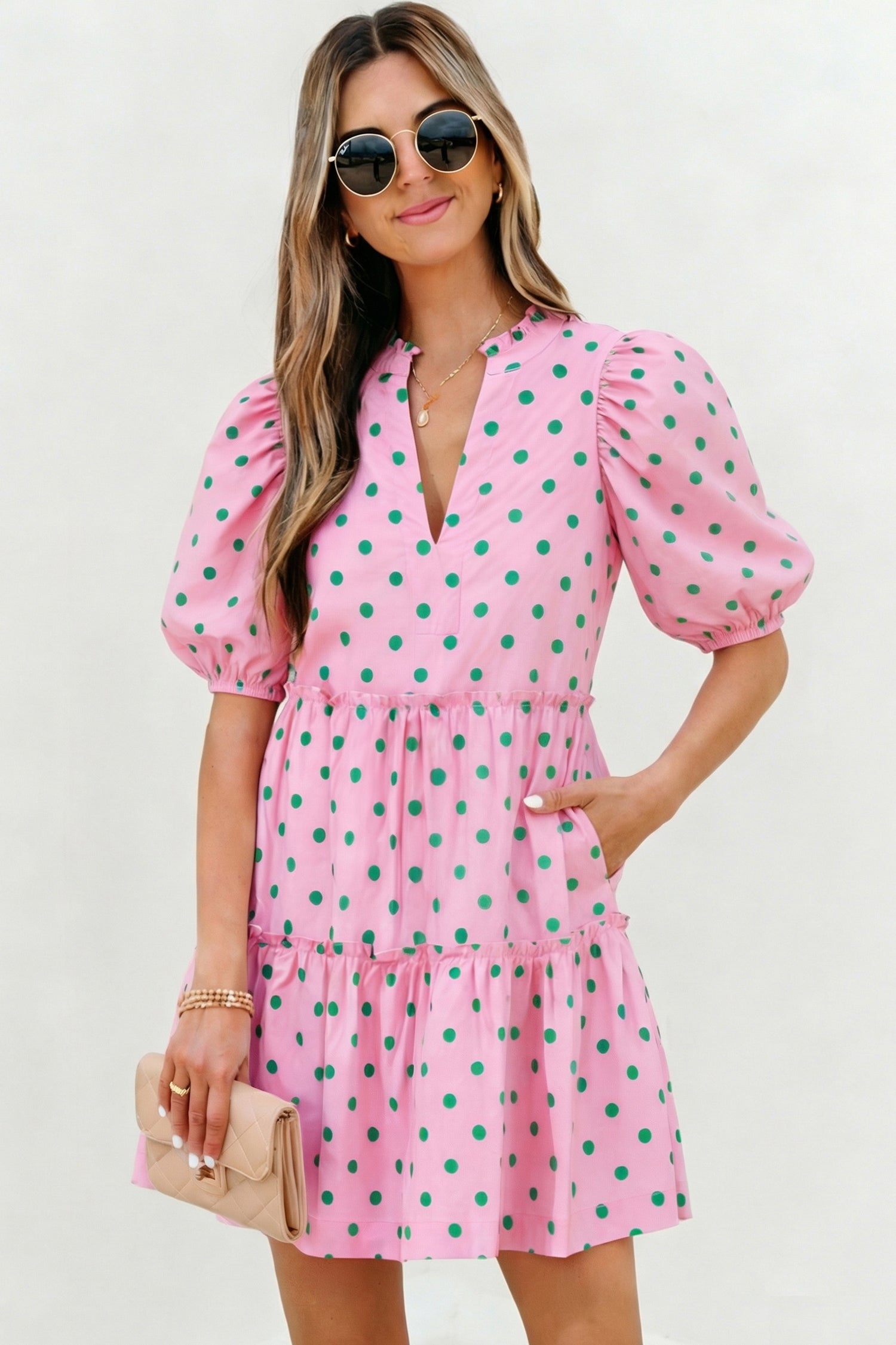 Pink Polka Dot Print V Neck Short Sleeve Tiered Mini Dress | UK 8–22