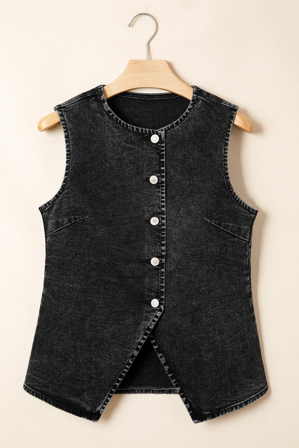 Women's Buttoned Front Slit Denim Vest Black Blue S-XL at LivelyLooks