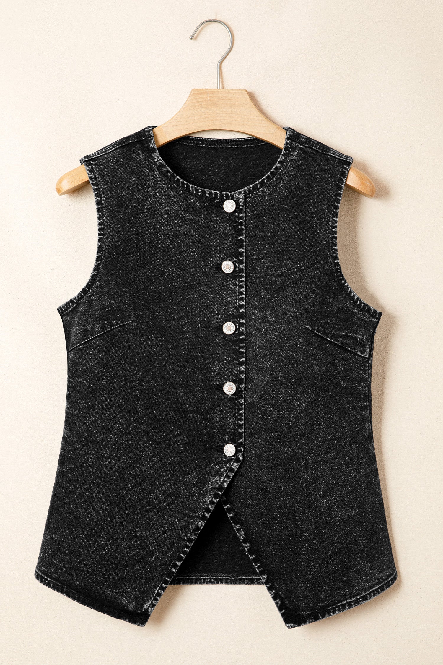 Women's Buttoned Front Slit Denim Vest Black Blue S-XL at LivelyLooks