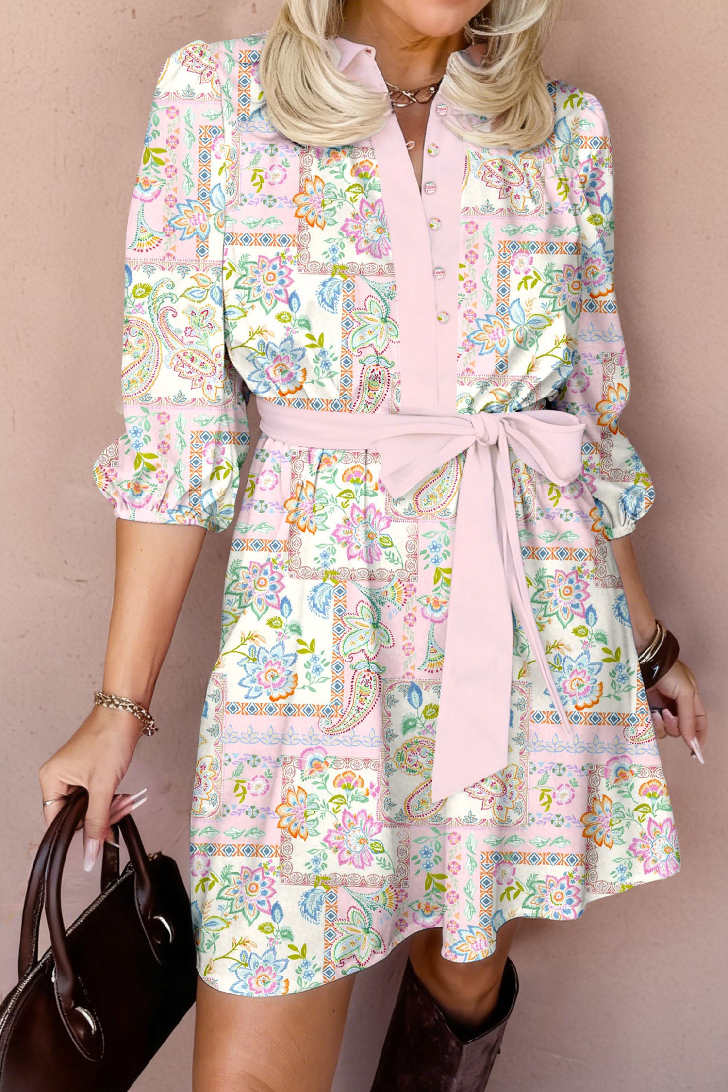 Women's Pink Boho Floral Print Belted Mini Dress | UK Sizes 8-20 at LivelyLooks