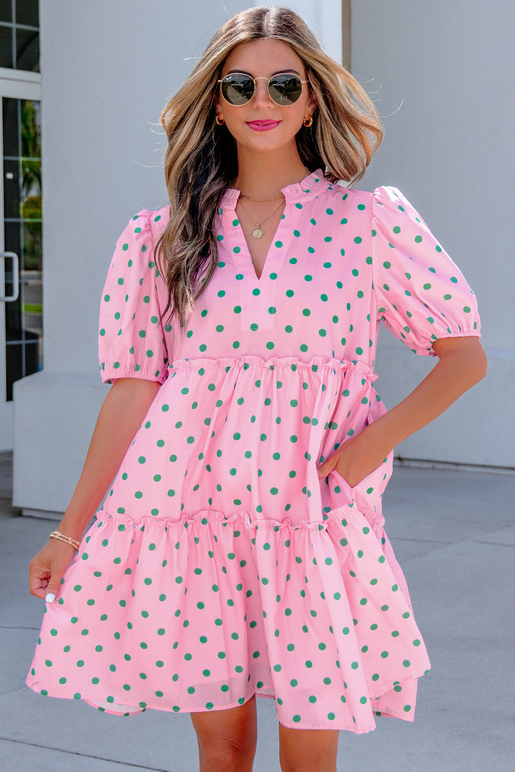 Pink Polka Dot Print V Neck Short Sleeve Tiered Mini Dress | UK 8–22
