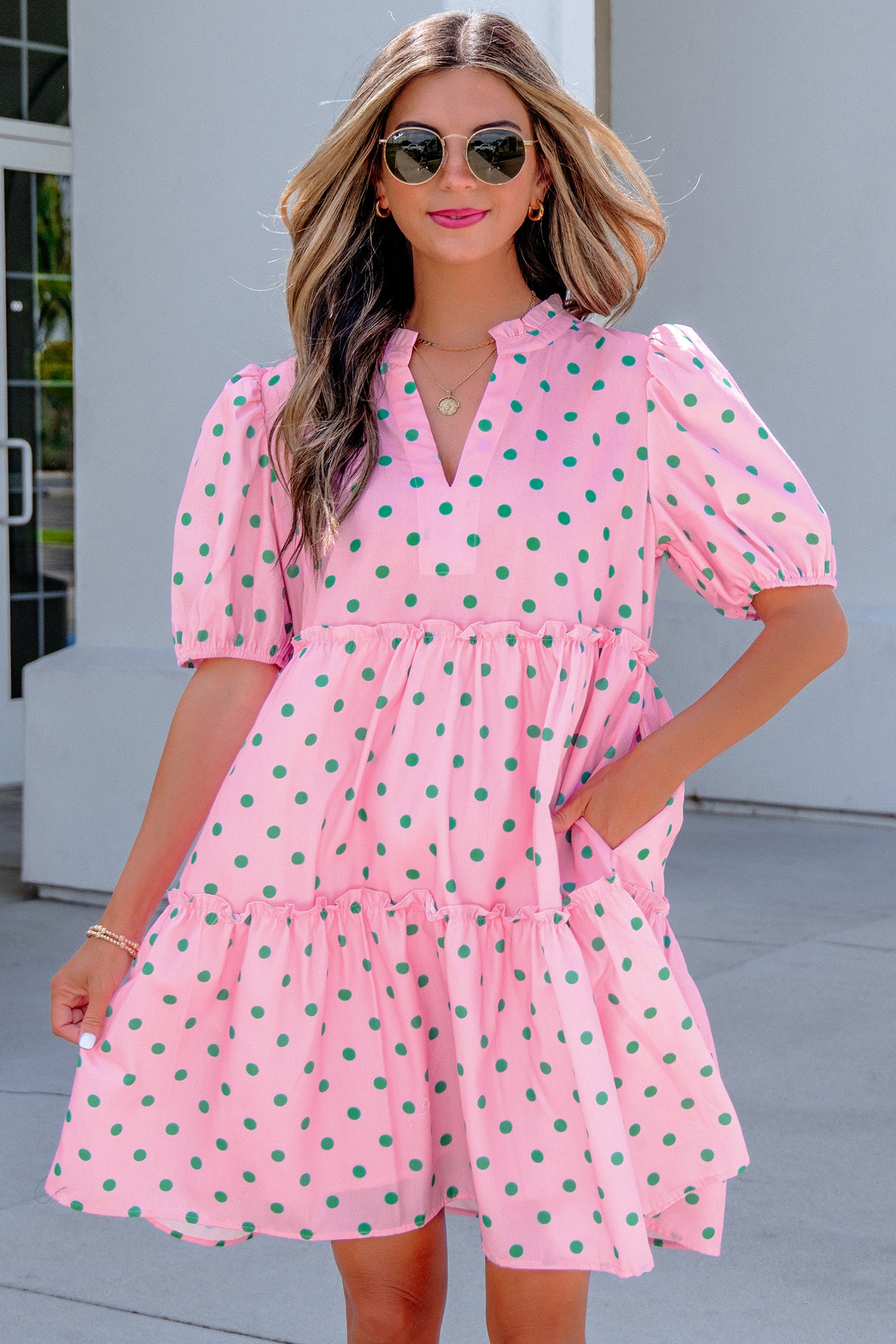 Pink Polka Dot Print V Neck Short Sleeve Tiered Mini Dress | UK 8–22