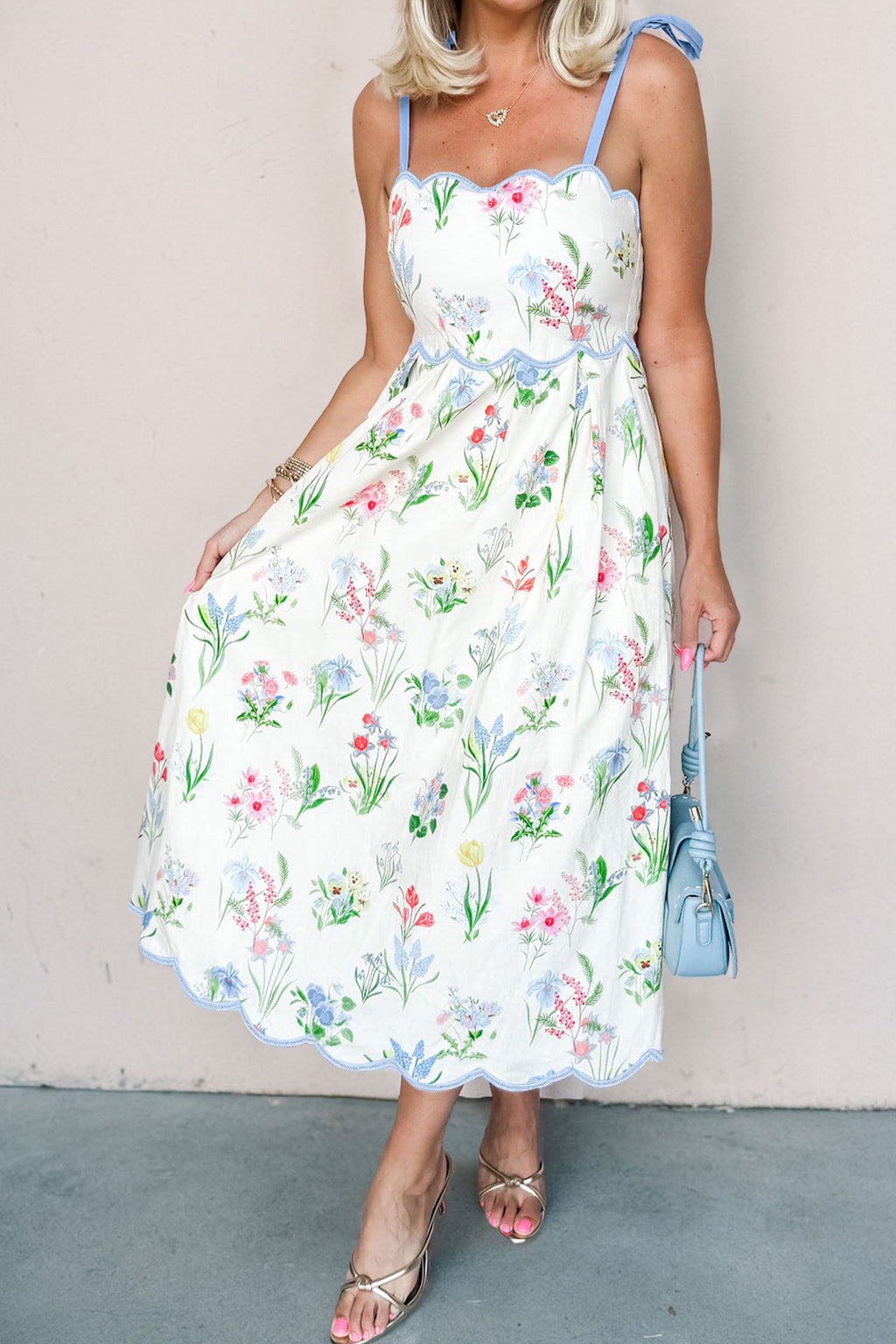 Floral Midi Dress Contrast Trim Self-Tie Straps High Waist Beige Pink Yellow