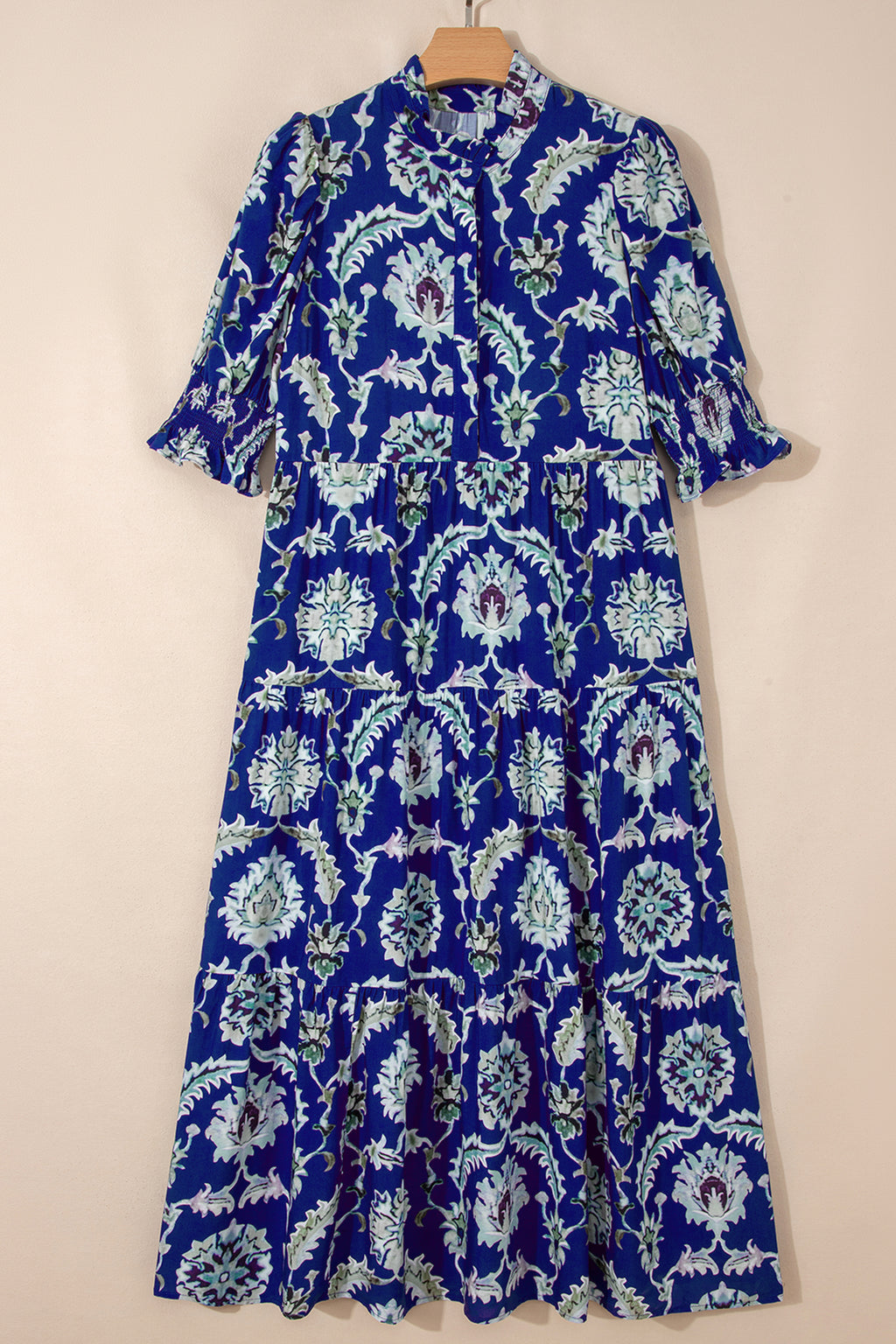 Women's Blue Wild Floral Print Frilled Collar Puff Sleeve Midi Dress at LivelyLooks