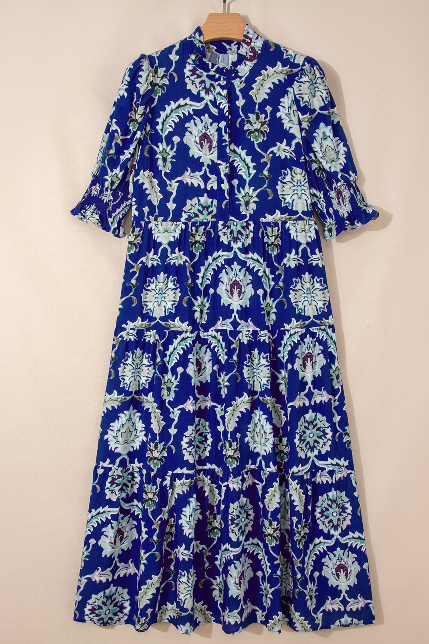 Women's Blue Wild Floral Print Frilled Collar Puff Sleeve Midi Dress at LivelyLooks
