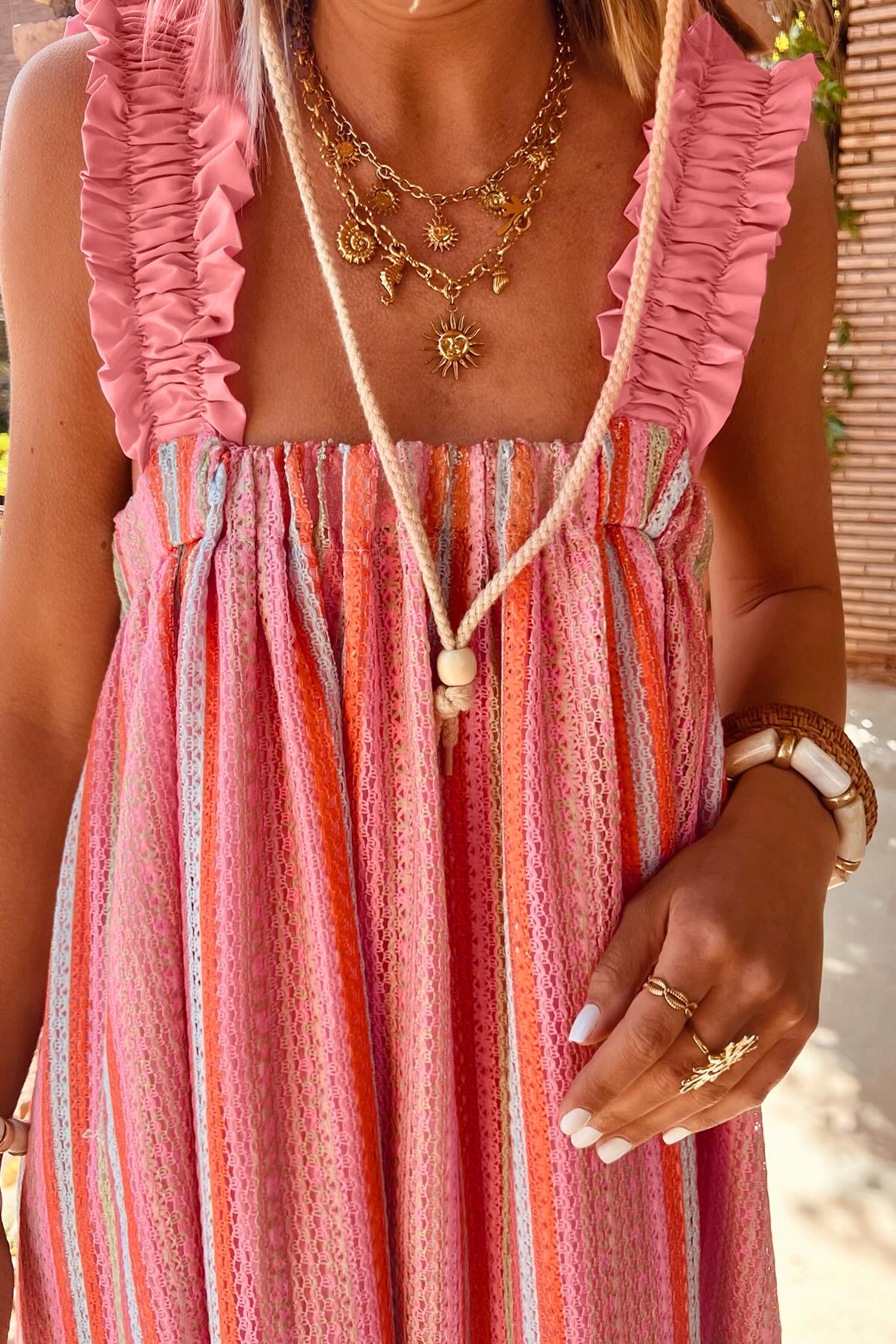 LivelyLooks Pink Stripe Maxi Dress Ruffled Straps Ribbon Knot Boho S-XL women's fashion