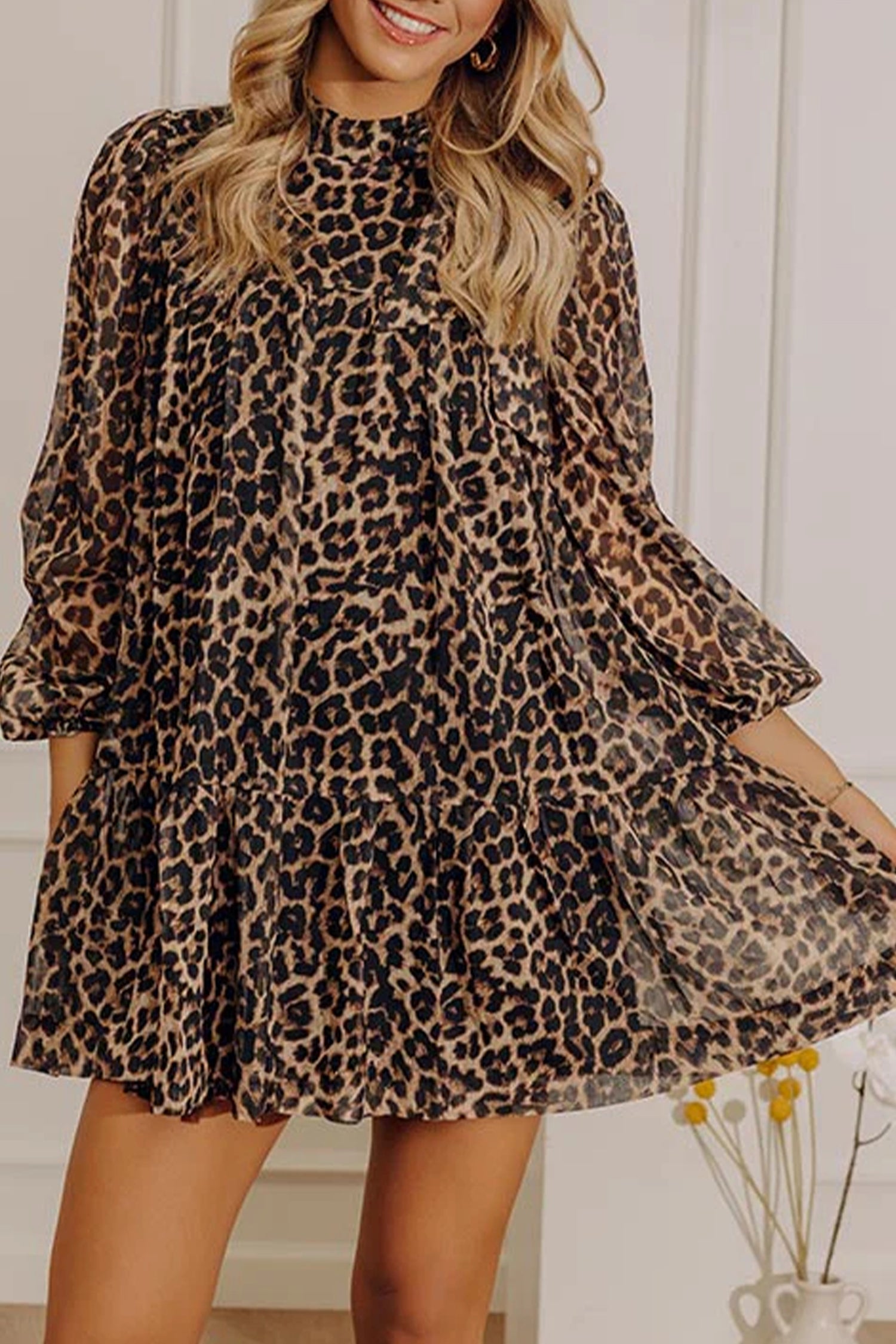 Brown Leopard Print Long Sleeve Short Shift Dress S-XL