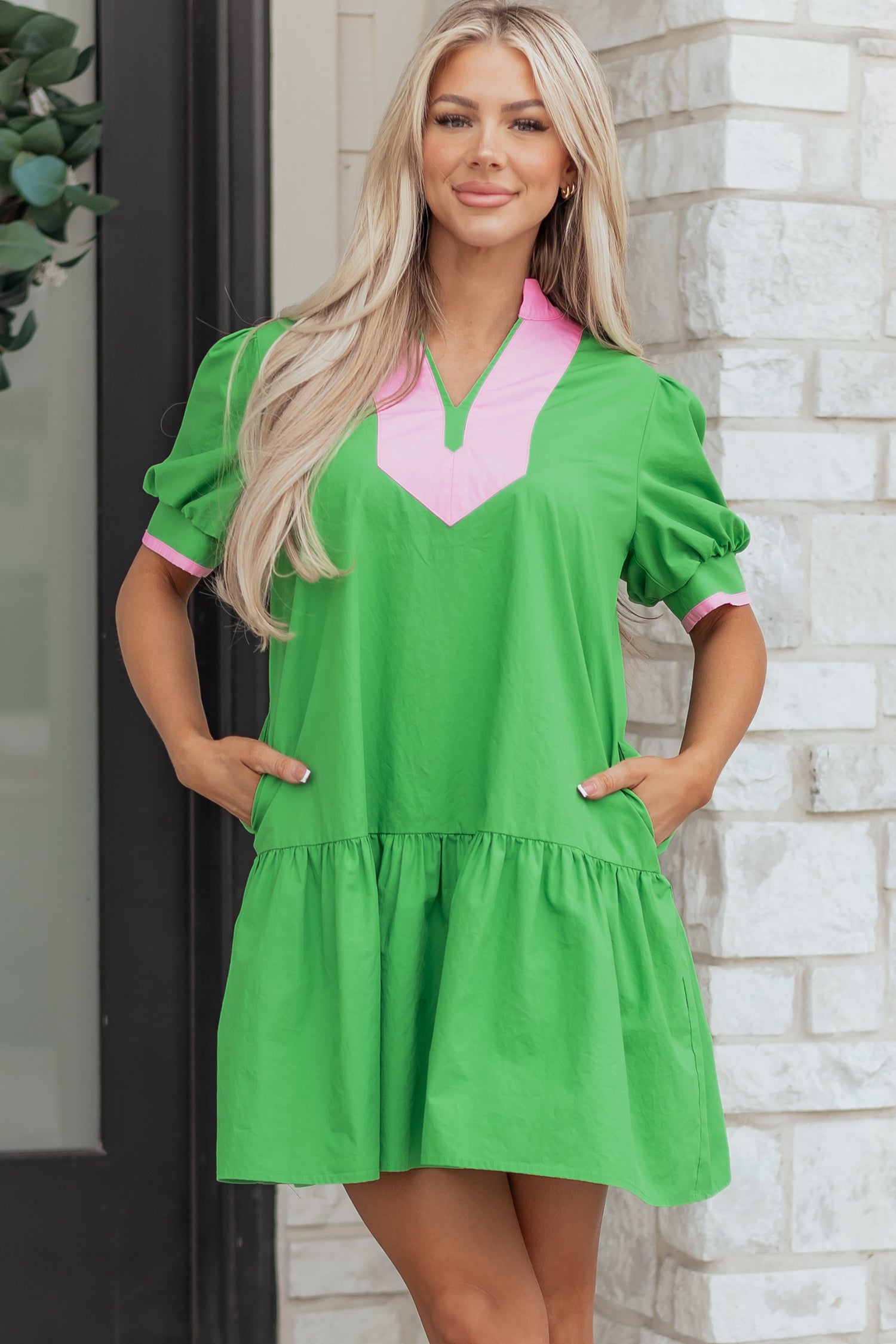 Bright Green Colour Block Mini Dress Split Neck Puff Sleeve Ruffle Hem Women S-XL