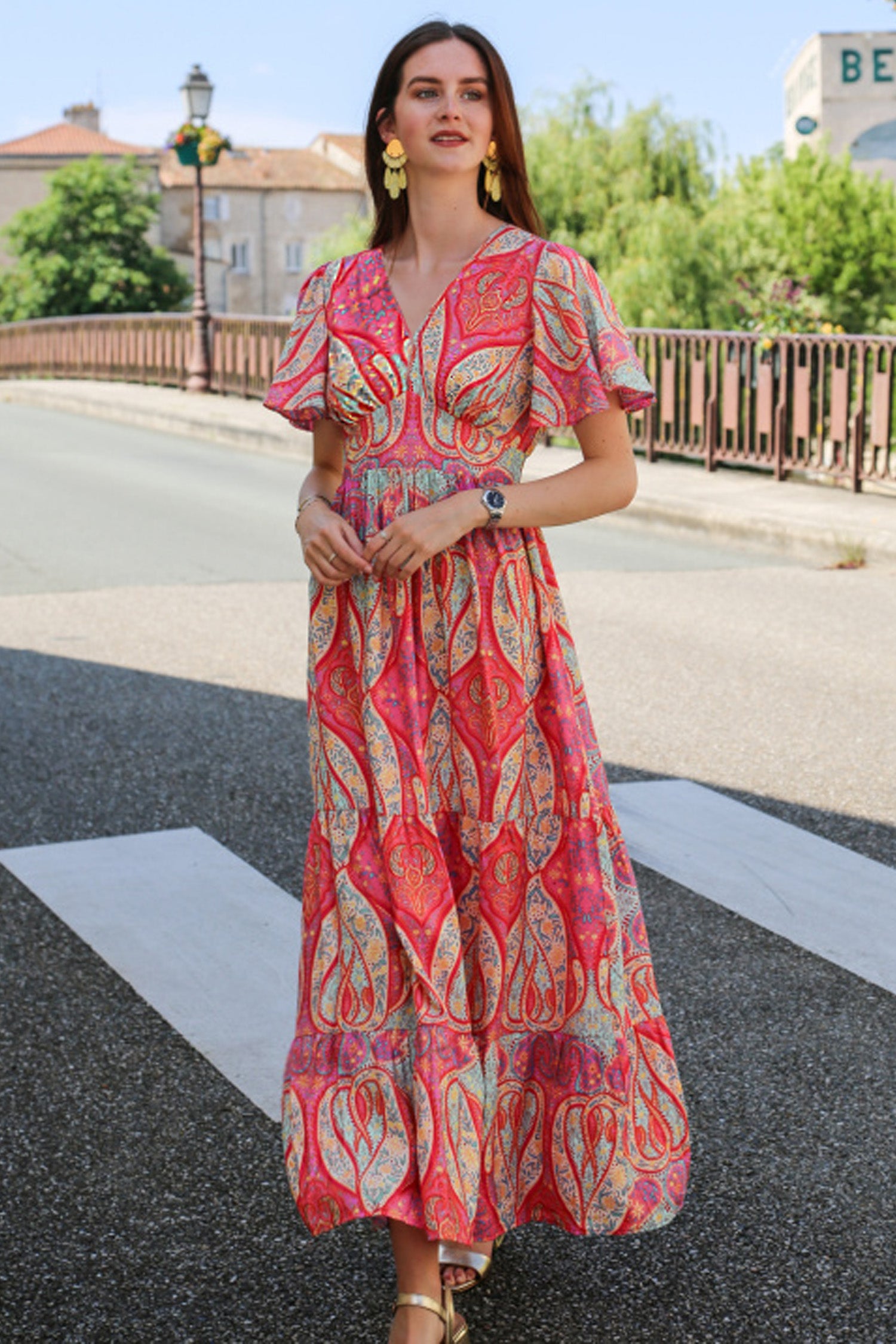 Multicolour Paisley Print V-Neck Flutter Sleeve Boho Maxi Dress