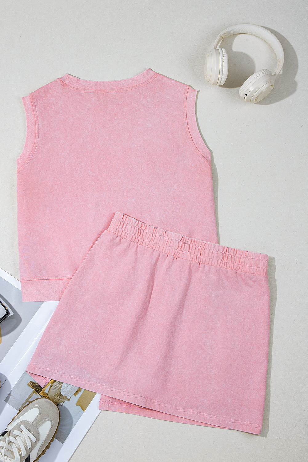 Women's Light Pink 2 Pieces Mineral Wash Cotton Tank Top Lined Split Skirt Set at LivelyLooks