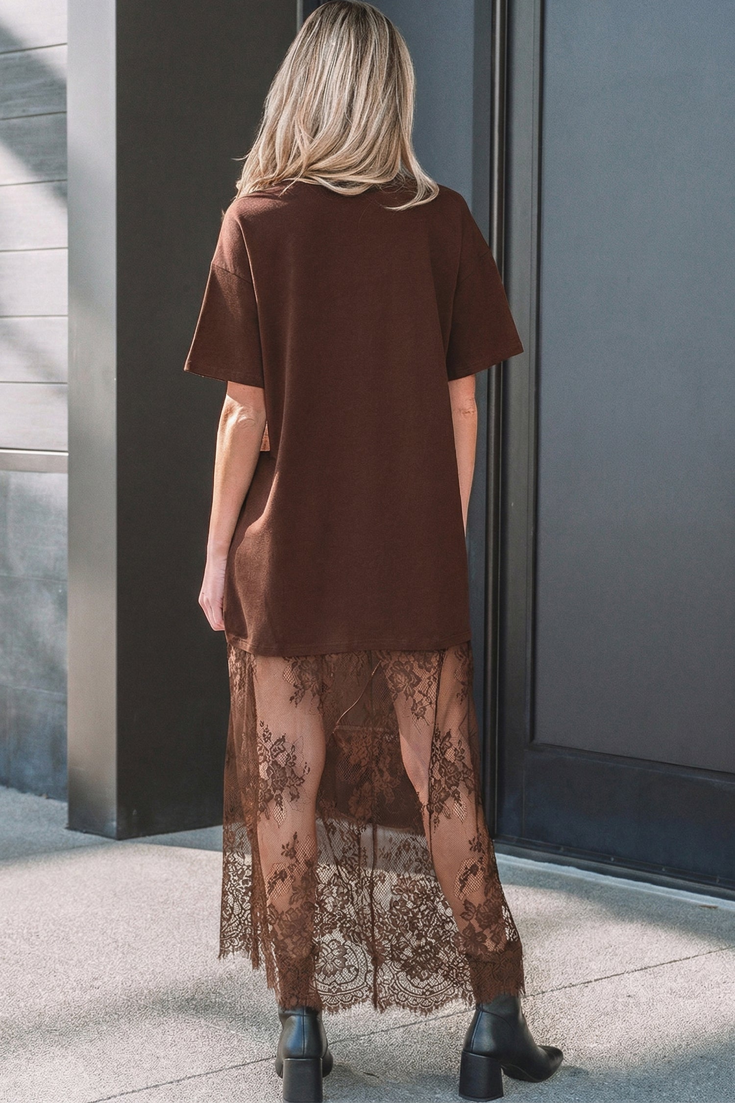Women's Floral Lace Patchwork Short Sleeve Maxi T-Shirt Dress | White & Red Sandalwood at LivelyLooks