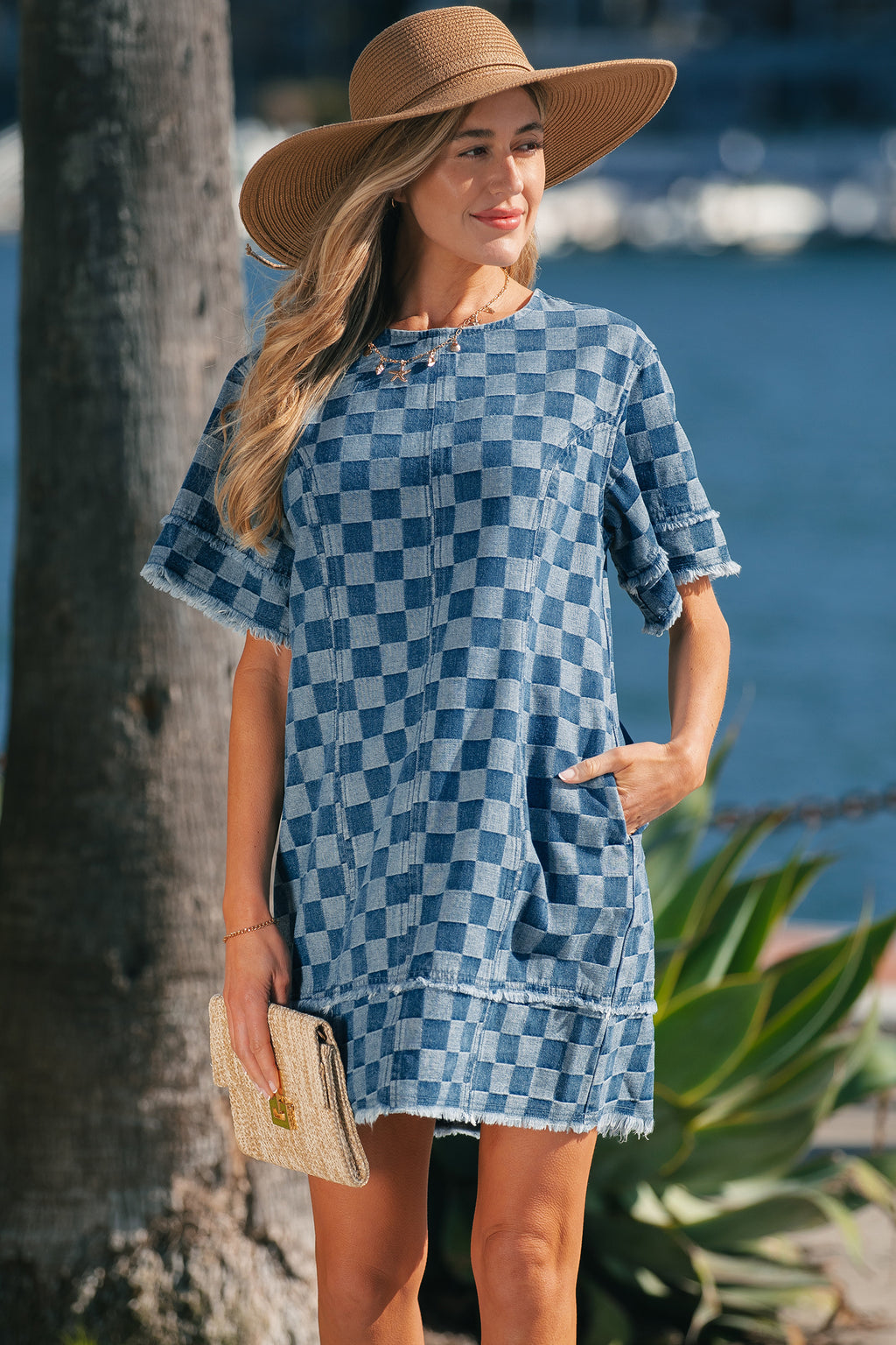 LivelyLooks Checkered Frayed Hem Patchwork Denim Mini Dress Blue S-XL women's fashion