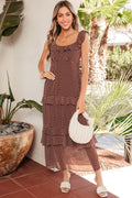 Women's Coffee Polka Dot Backless Ruffled Tiered Maxi Dress at LivelyLooks