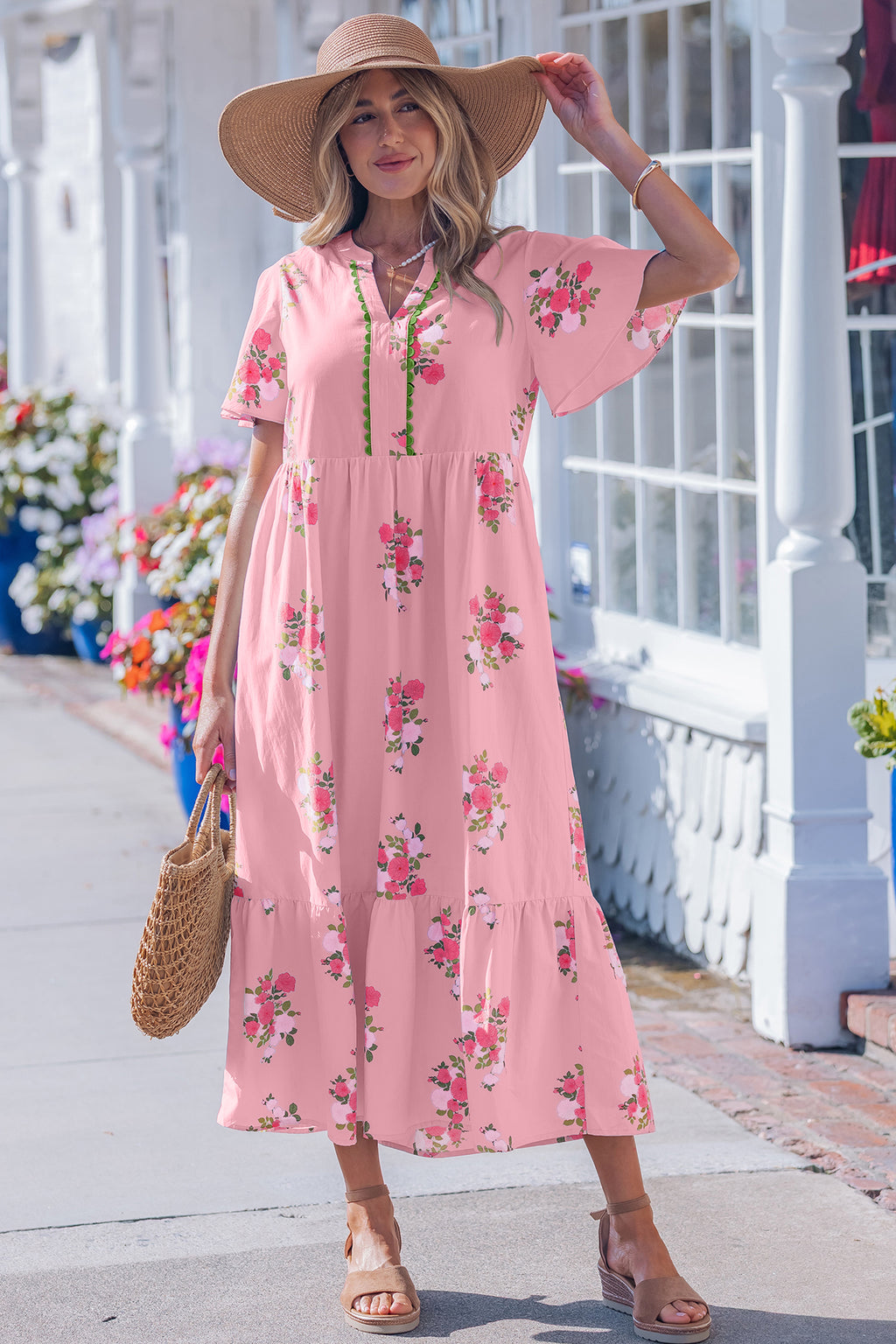 LivelyLooks Women's Floral Maxi Dress Flutter Sleeve Notched Neck Summer Holiday Pink Blue women's fashion