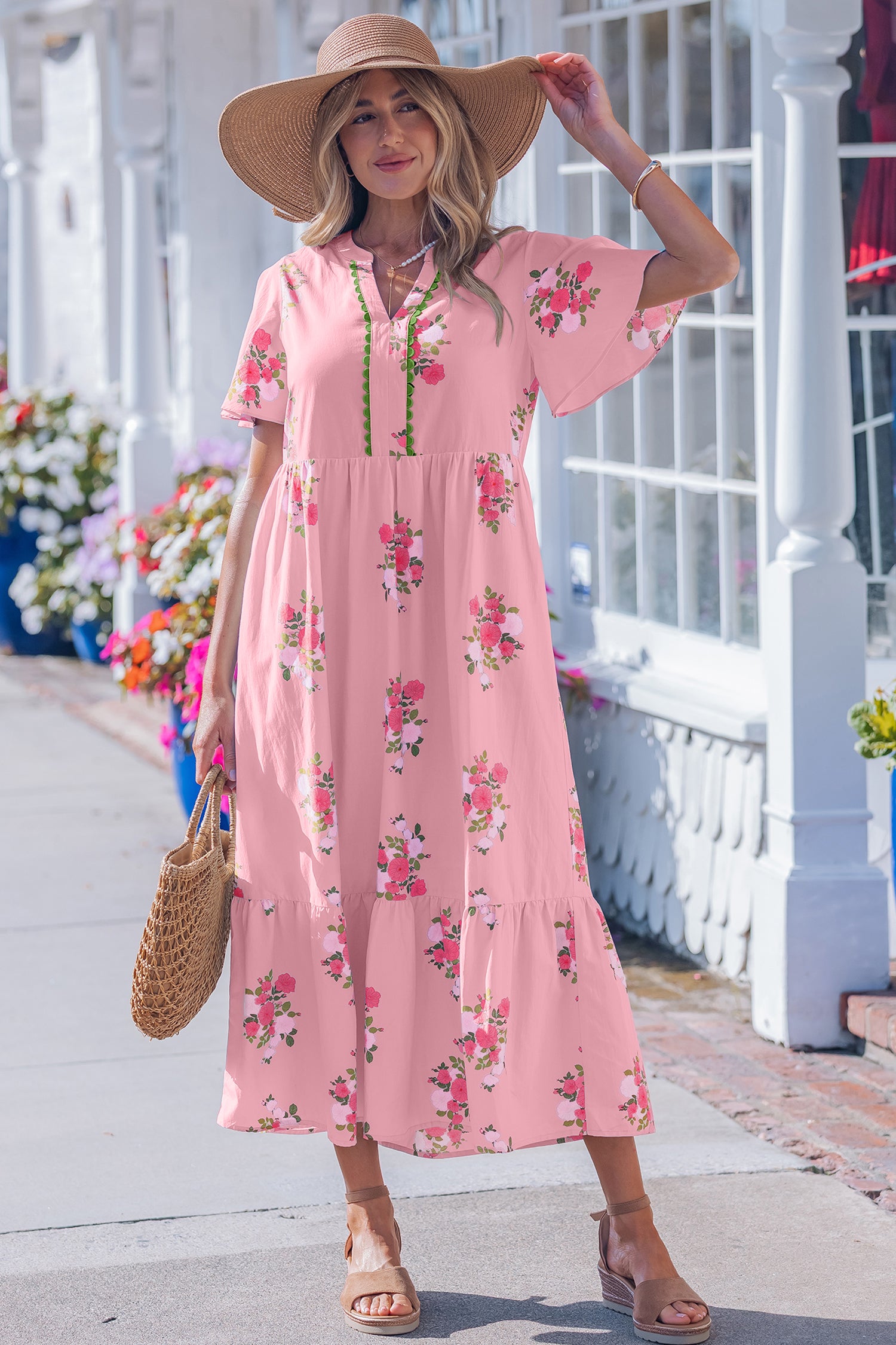 LivelyLooks Women's Floral Maxi Dress Flutter Sleeve Notched Neck Summer Holiday Pink Blue women's fashion