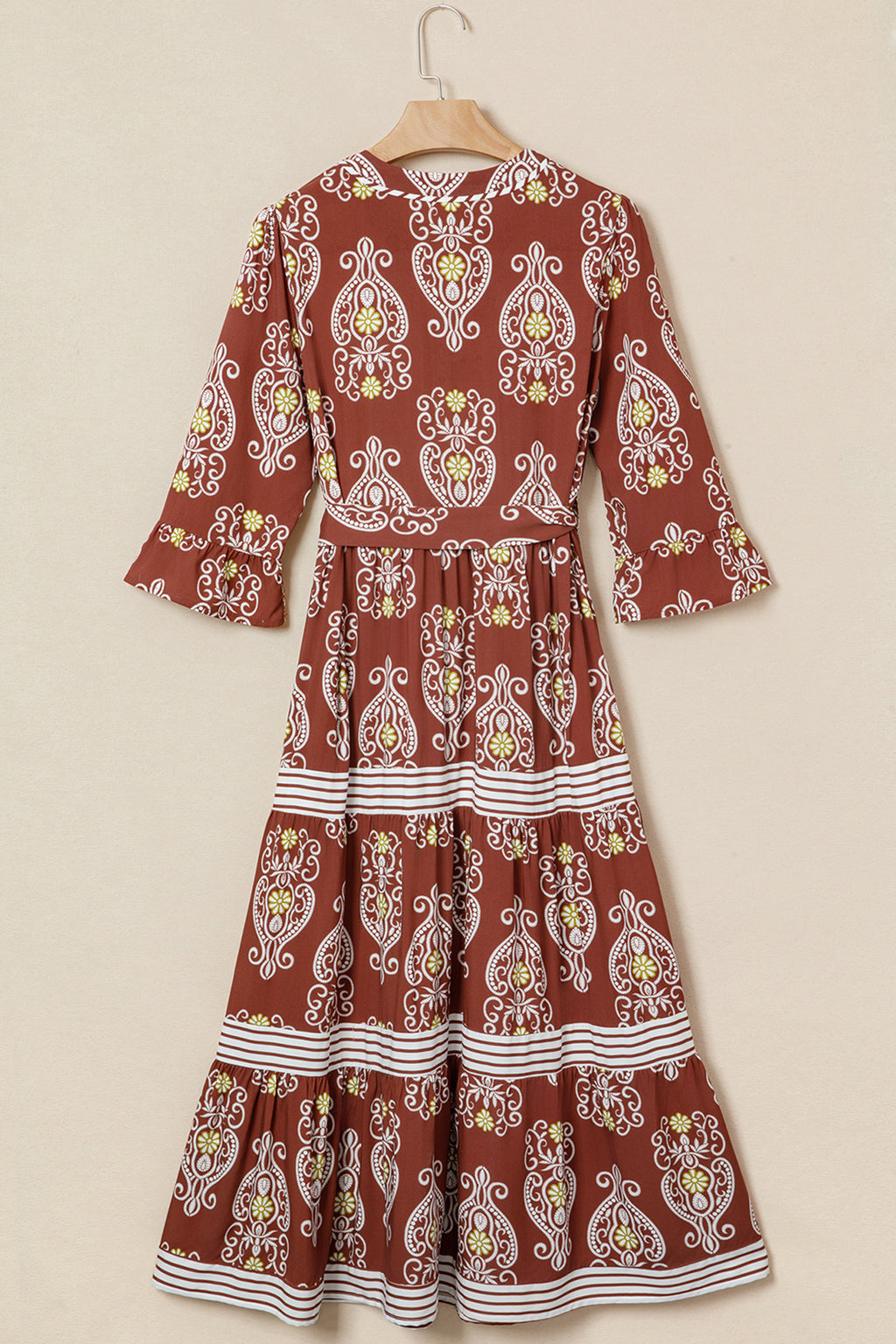 Brown Floral Print Belted Striped Trim Tiered Maxi Dress | Boho Summer
