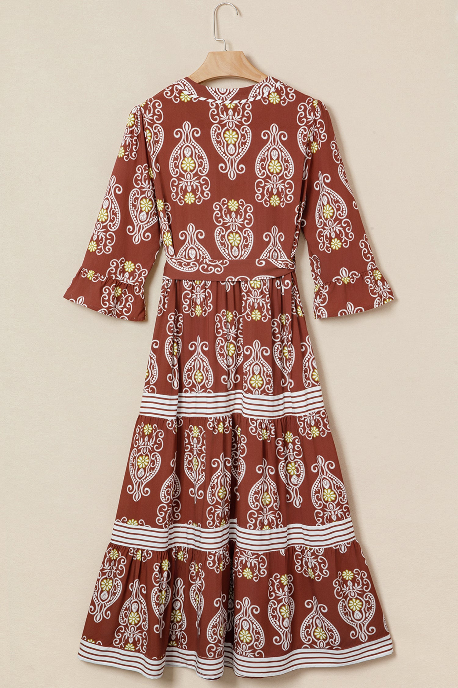 Brown Floral Print Belted Striped Trim Tiered Maxi Dress | Boho Summer