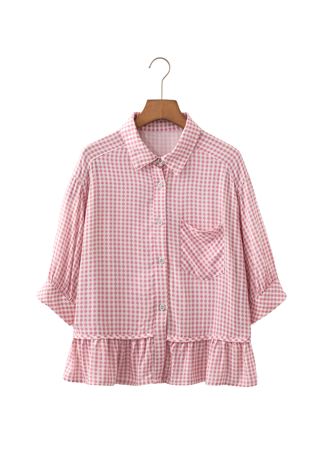 Pink Plaid Ruffle Hem Half Sleeve Button Down Shirt | S-XL