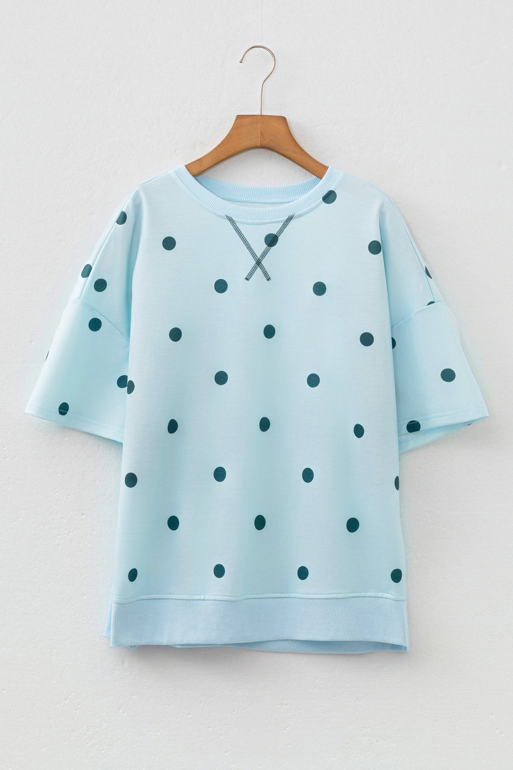 Women's Polka Dot Oversized Tee Crossed Seam Detail Yellow Sky Blue S-XL
