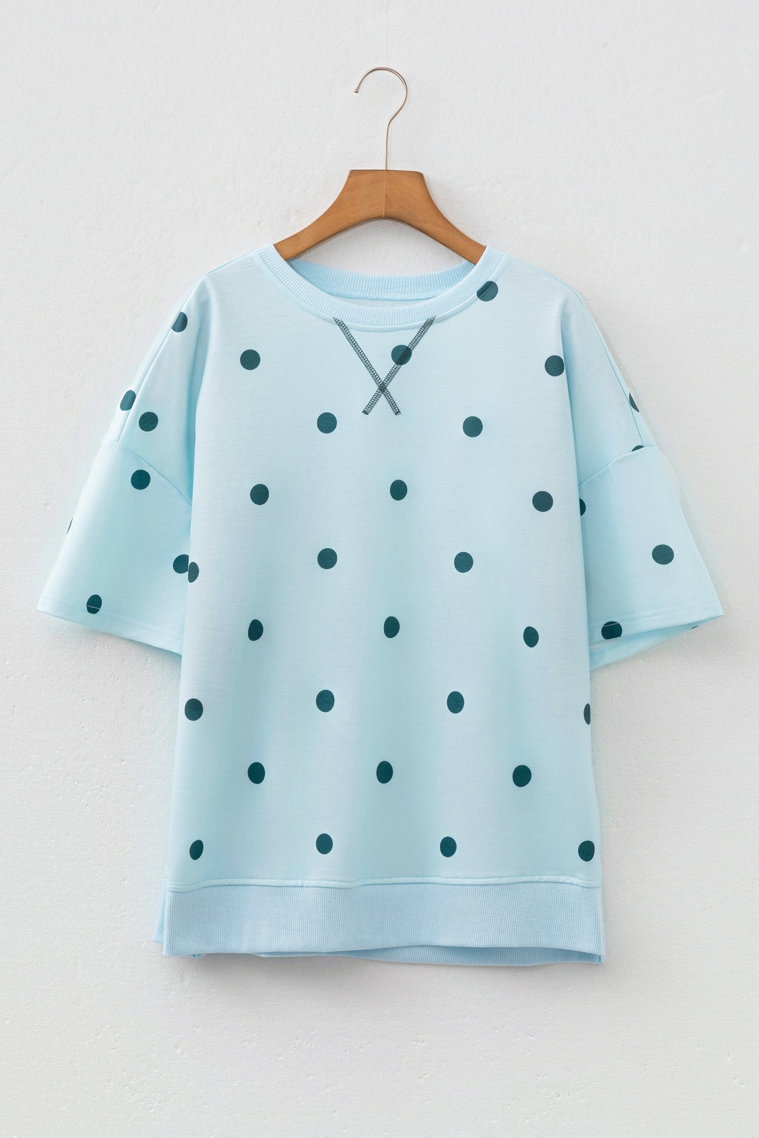 Women's Polka Dot Oversized Tee Crossed Seam Detail Yellow Sky Blue S-XL