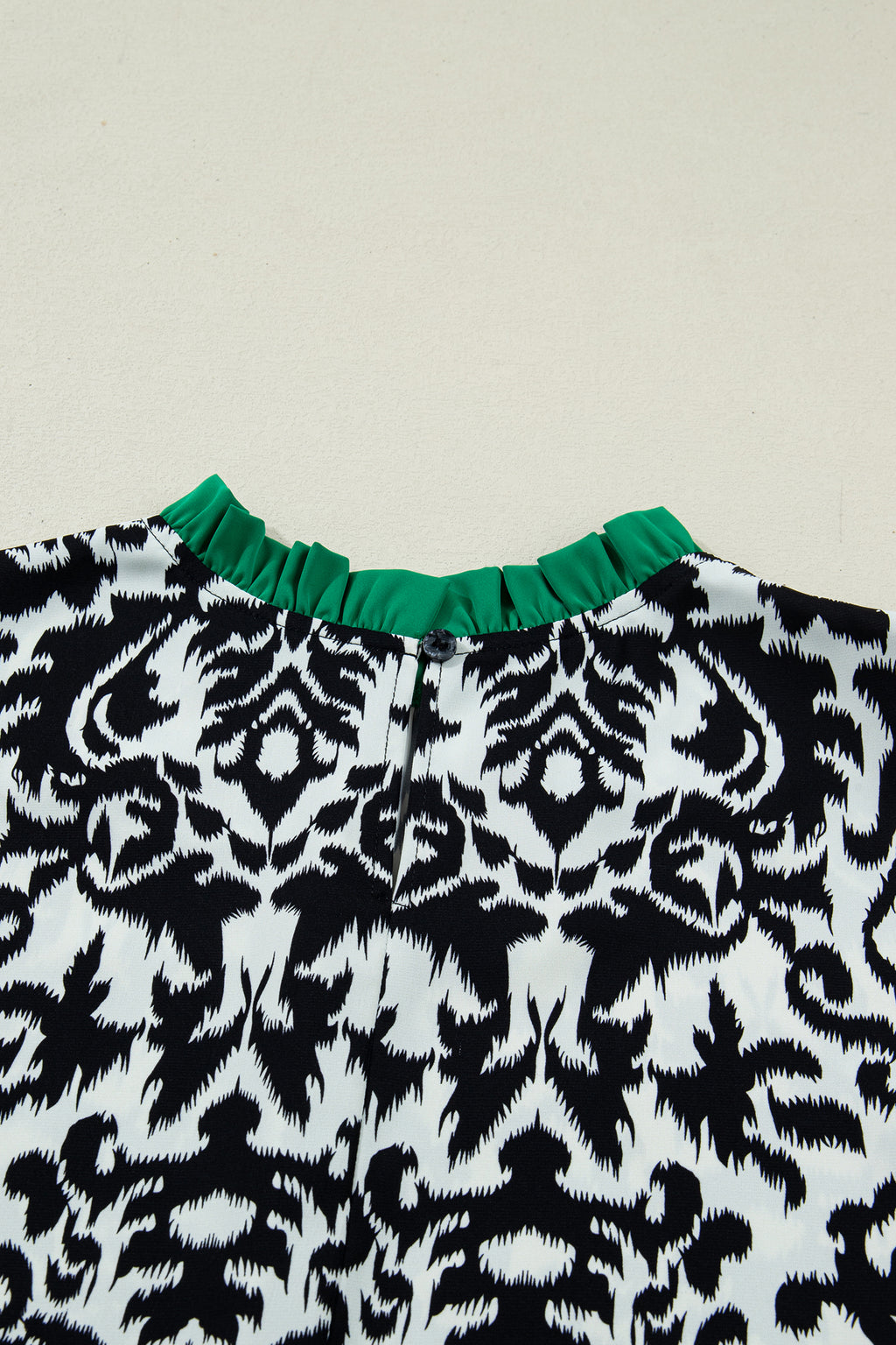 LivelyLooks Green Damask Print Ruffled Color Block Detail Half Sleeve Blouse women's fashion