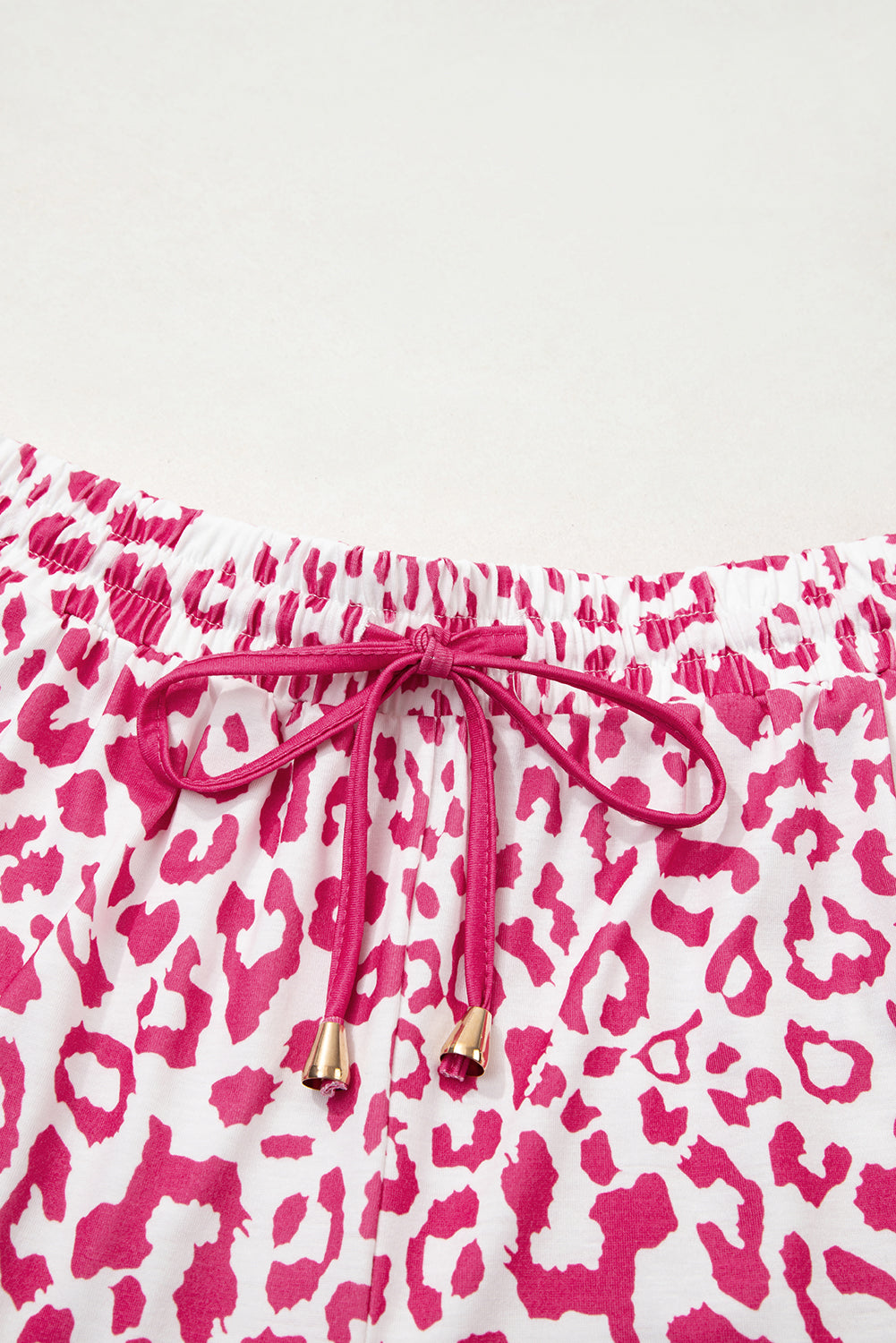 Women's Pink Leopard Elastic Waistband Lace up Contrast Trim Casual Shorts at LivelyLooks
