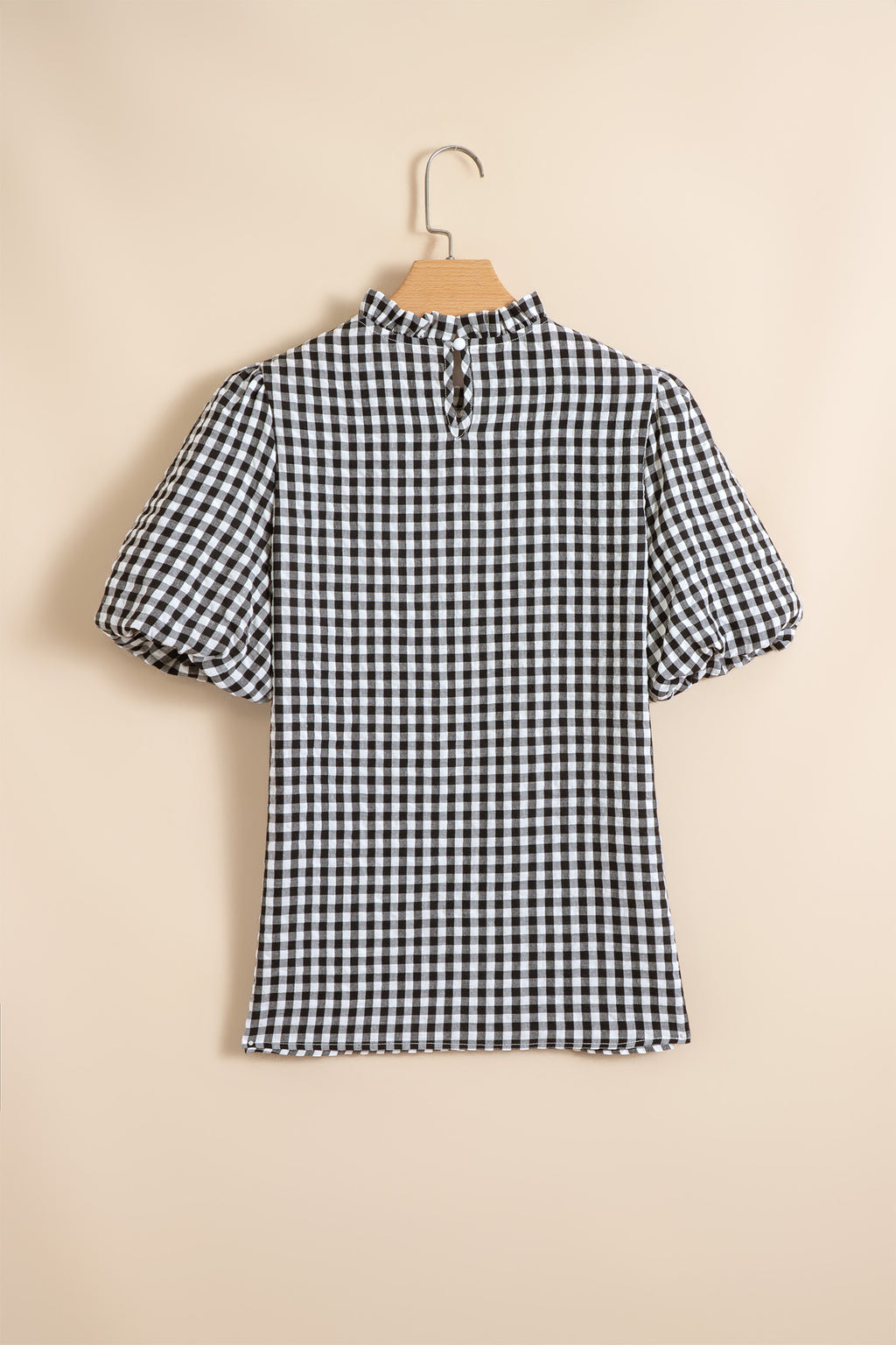Black Plaid Puff Sleeve Frilled Neck Blouse S-XL