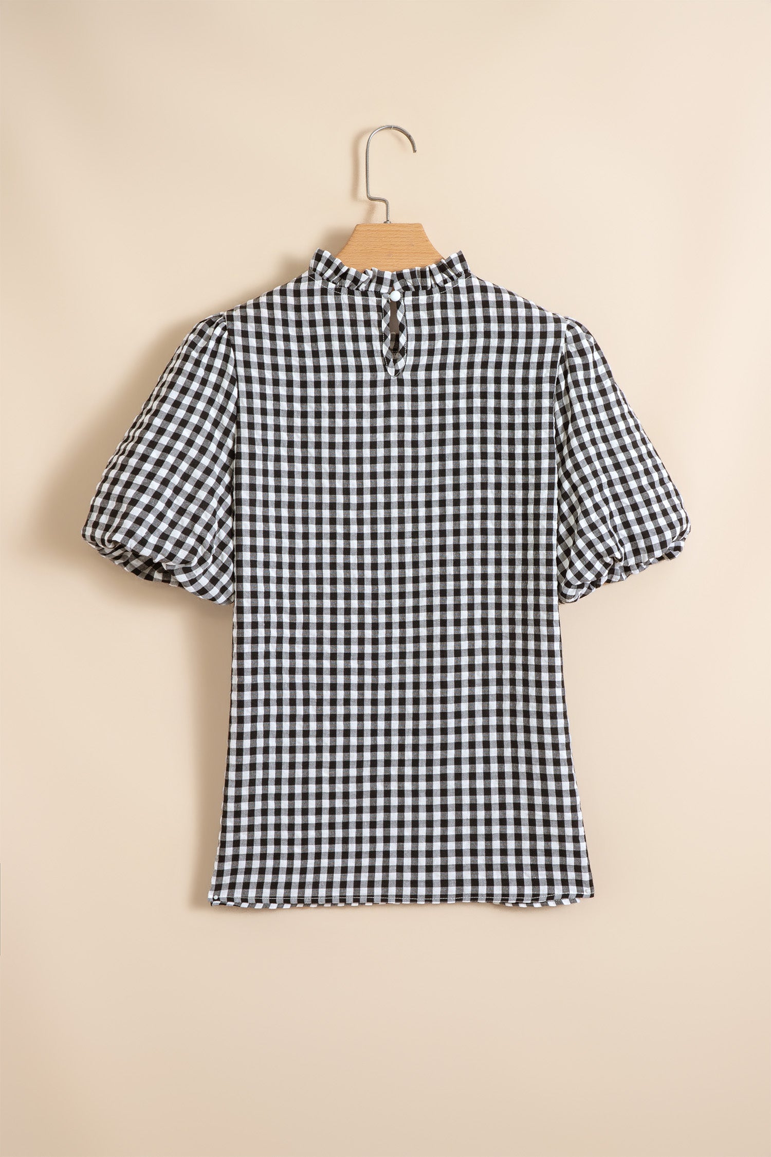 Black Plaid Puff Sleeve Frilled Neck Blouse S-XL