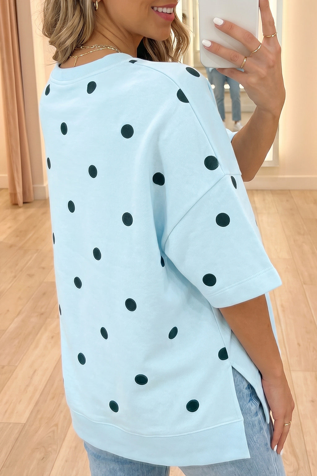 Women's Polka Dot Oversized Tee Crossed Seam Detail Yellow Sky Blue S-XL