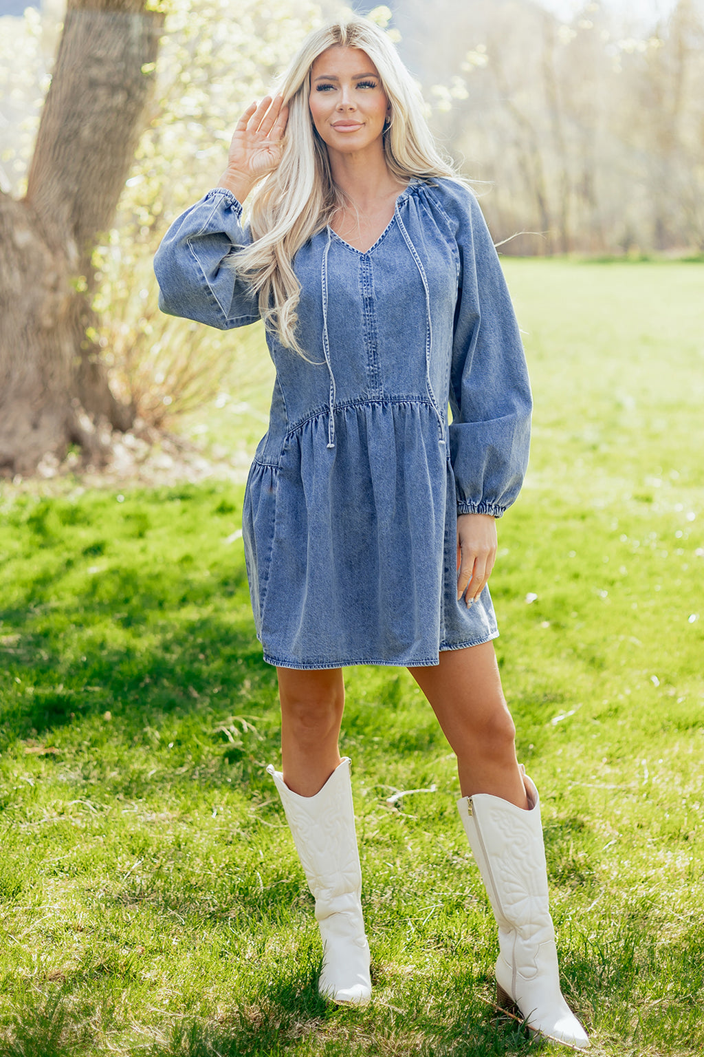 LivelyLooks Blue Denim Puff Sleeve V-Neck Ruffled Mini Dress women's fashion
