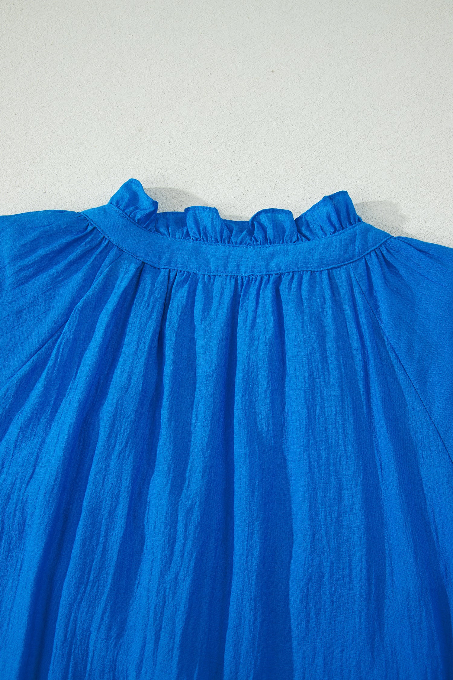 Blue Flower Embroidered Split Neck Puff Sleeve Ruffle Hem Mini Dress S-XL