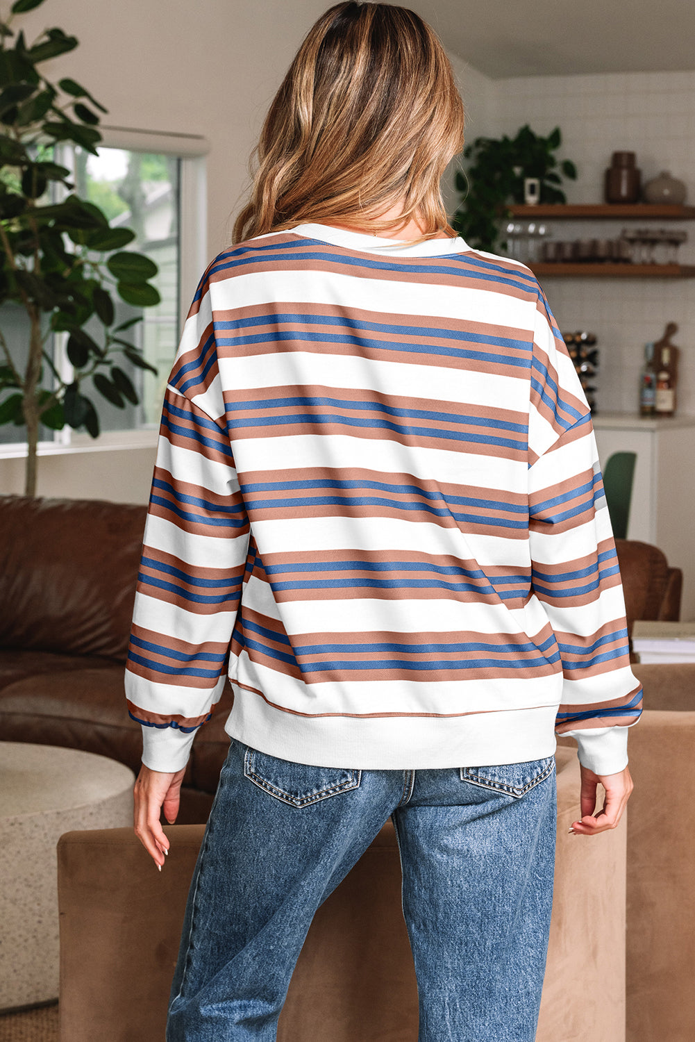 Khaki & Brown Stripe Crew Neck Drop Shoulder Pullover Sweatshirt
