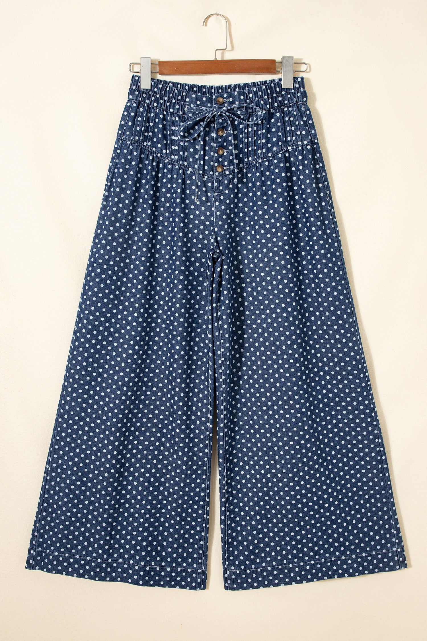 Shop Sky Blue Polka Dot Wide Leg Jeans High Waist Drawstring Button Detail at LivelyLooks