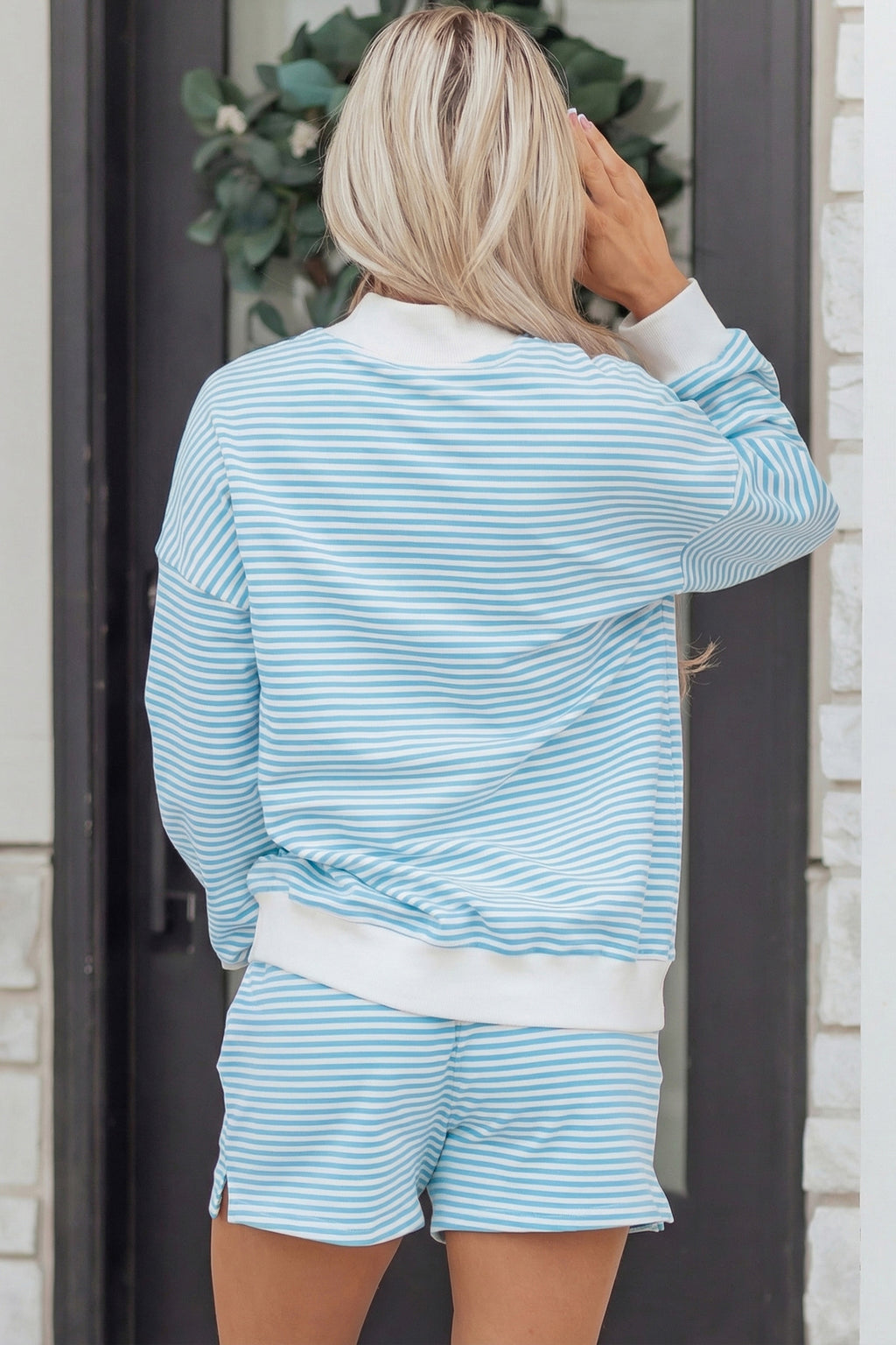 LivelyLooks Striped Oversized Mock Neck Sweatshirt & Shorts Co-ord Set | Blue, Pink, Green | S-XL women's fashion