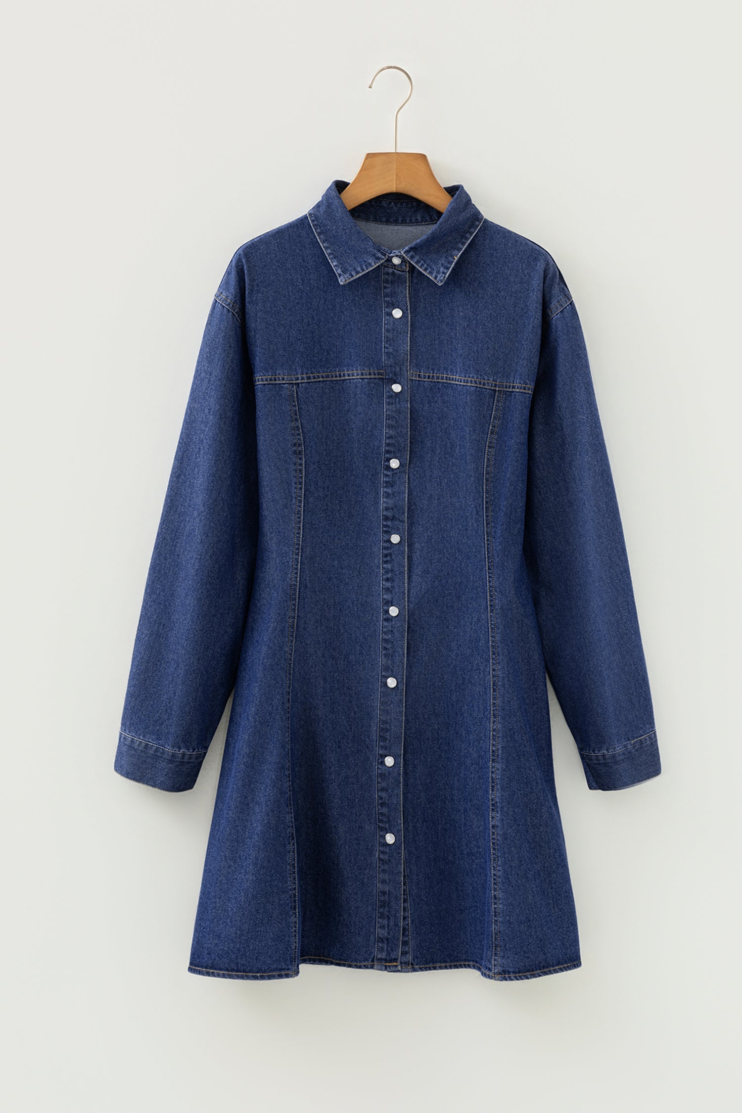 Blue Denim Shirt Collar Long Sleeve Flared Mini Dress | UK 8-22