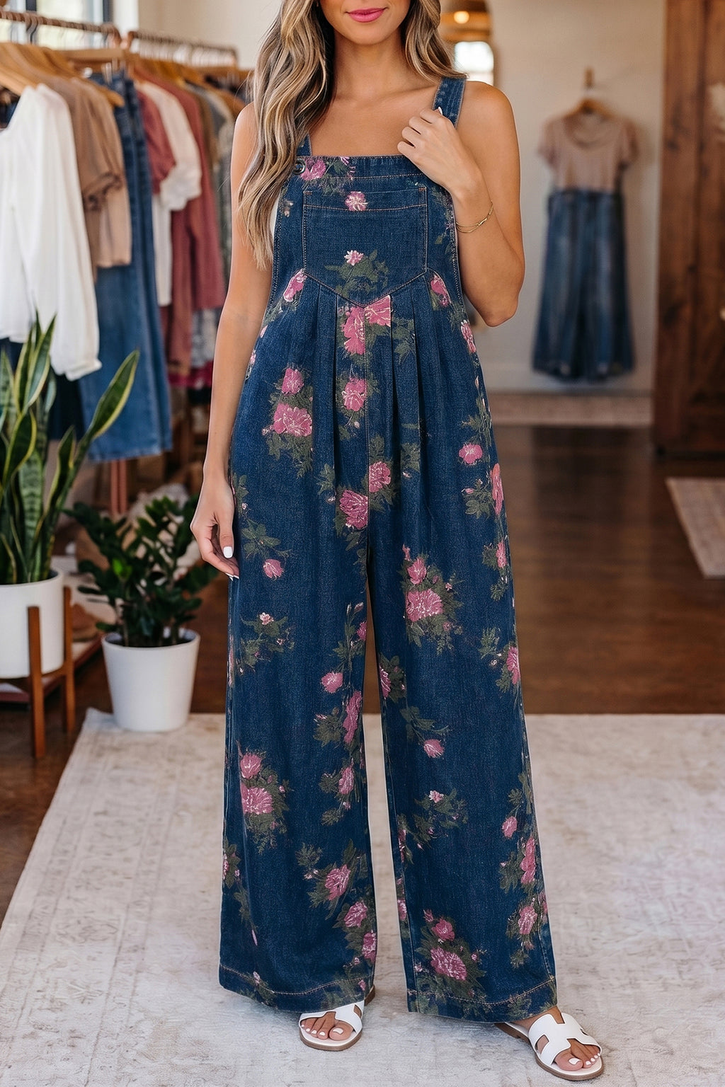 LivelyLooks Floral Print Pleated High Waist Wide Leg Denim Jumpsuit | S-XL women's fashion